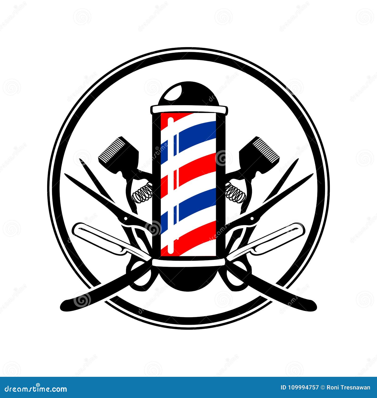 circular emblem barber& x27;s pole with scissor, razor and old clippers