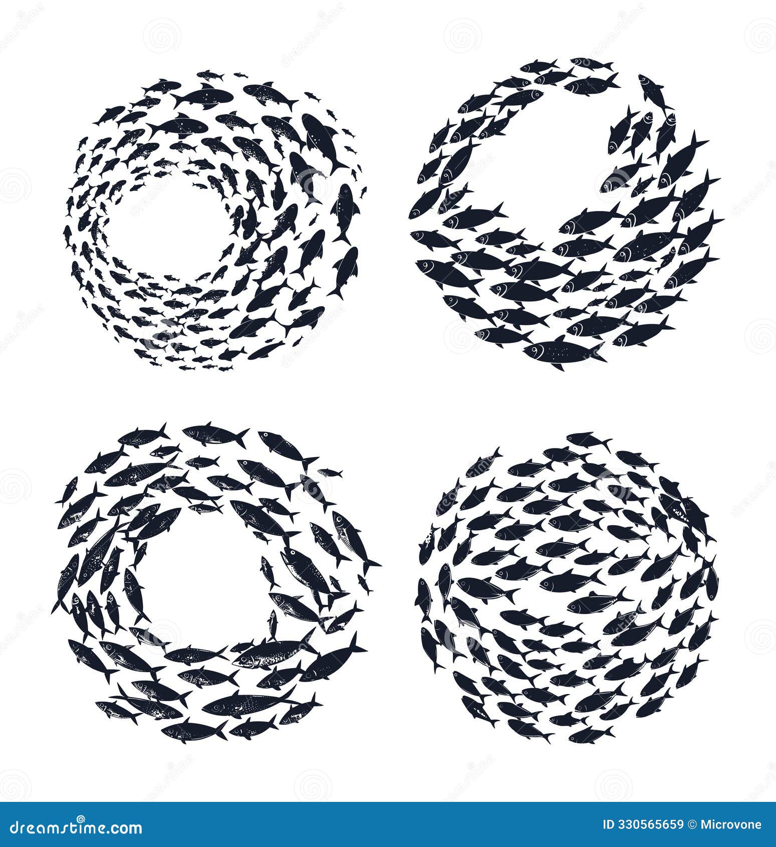 circular fish school black ink  . circle swarm marine aquatic ocean swimming silhouette spiral group crowd