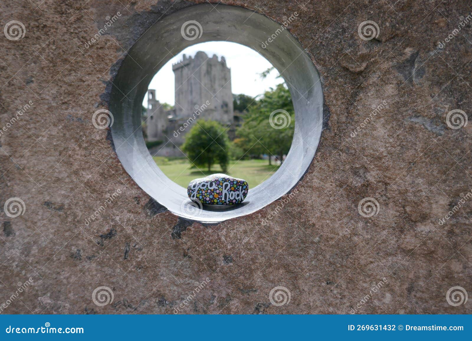 Circular Hole in Rock with Kindness Rock Inside and Blarney Castle Out