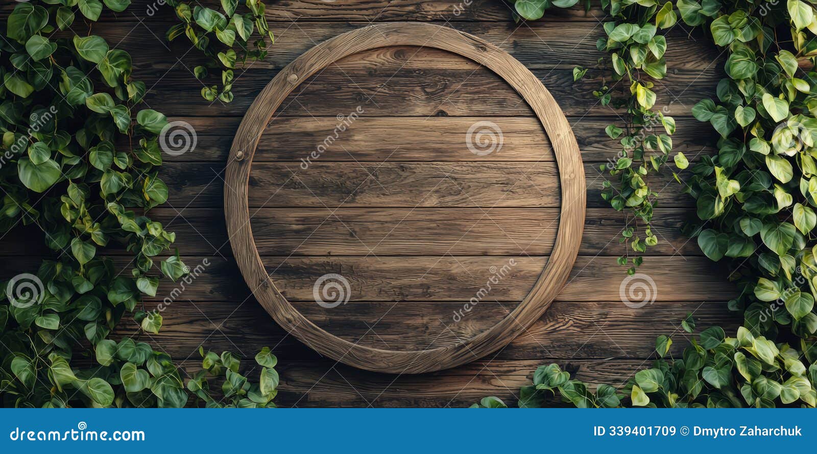 a circular mockup signboard on a rustic wooden wall, with ivy climbing around the edges, creating a natural.