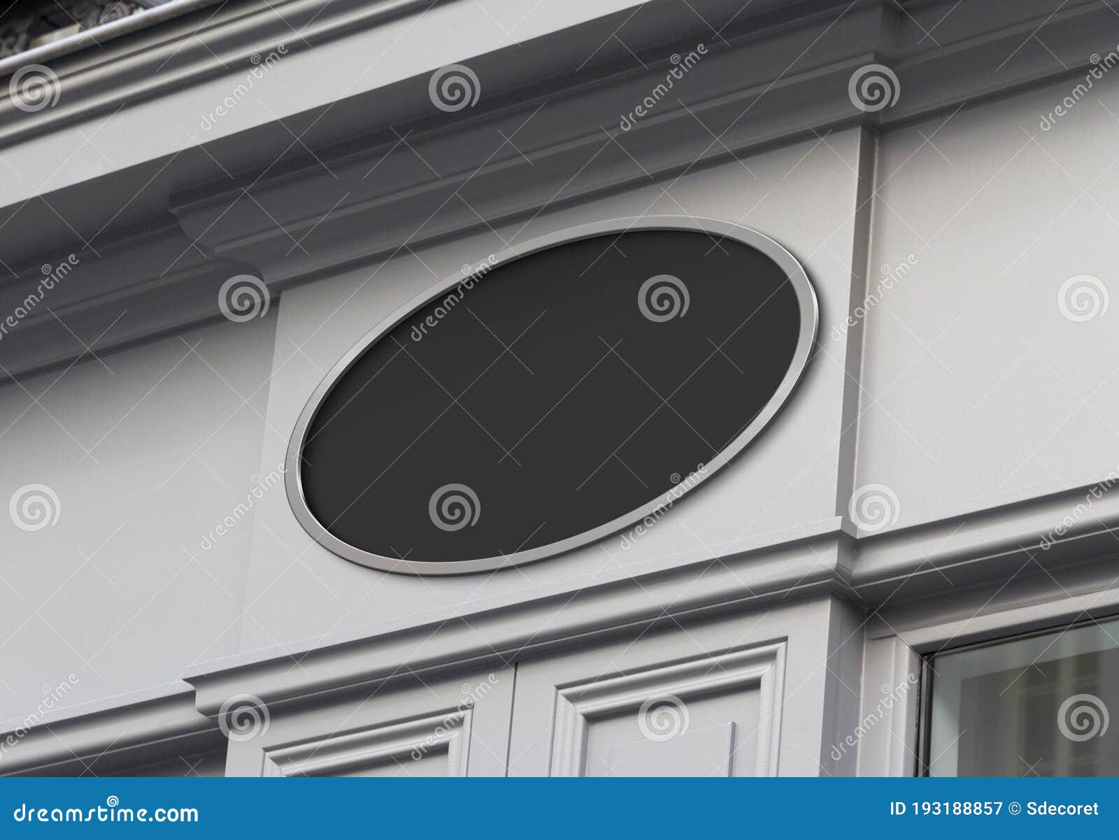 circular storefront on a grey shop frontage mockup. empty store brand signboard frame in street