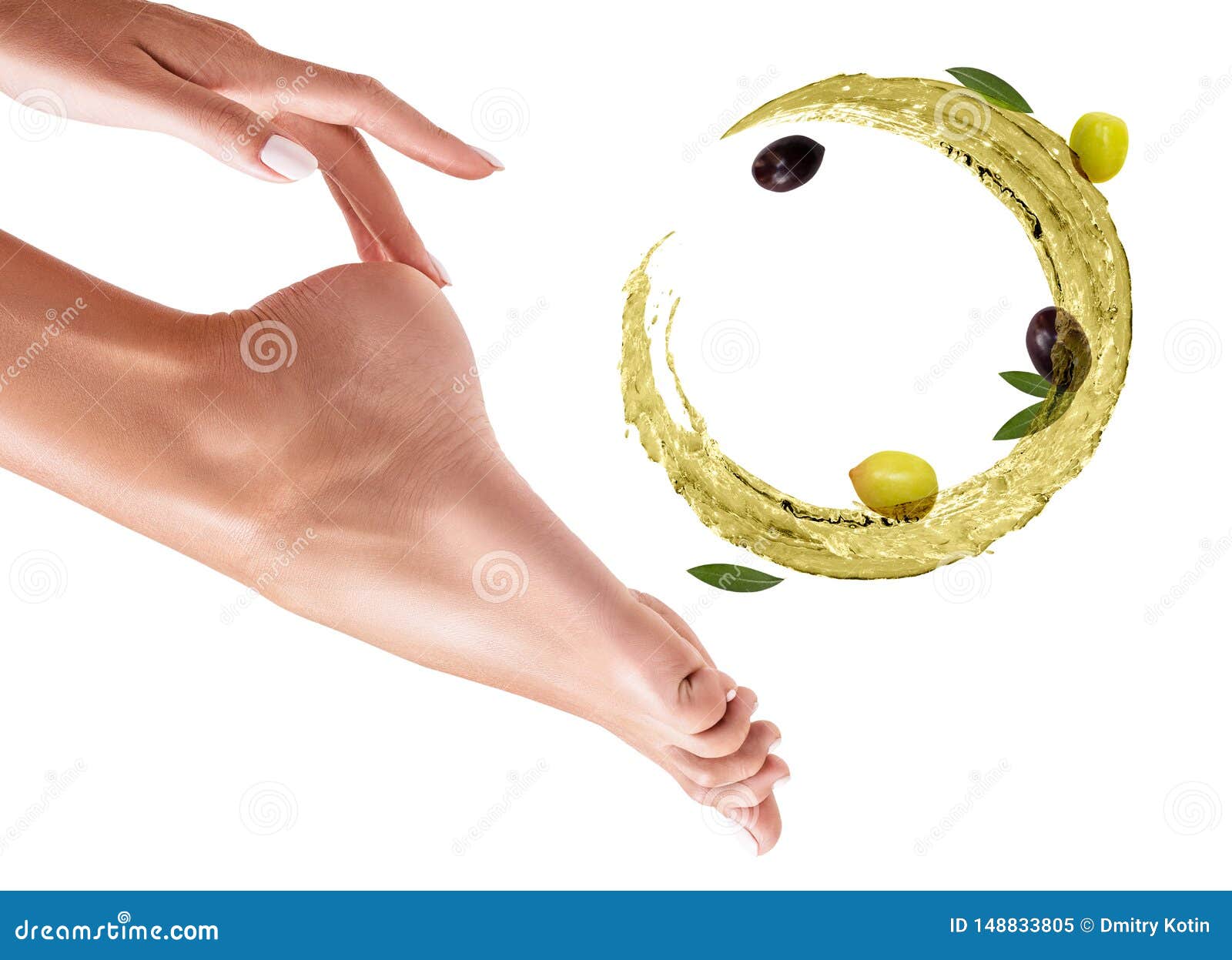 circulate splash of olive oil near female feet. skincare concept.
