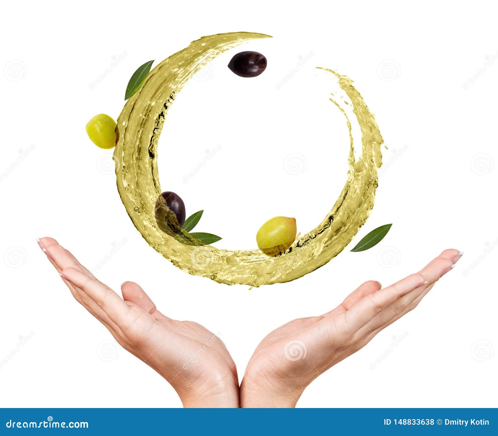 circulate splash of olive oil with olives in female hands.