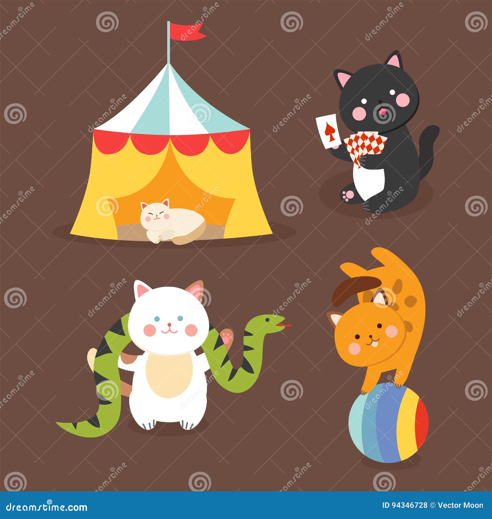 Circus Cats Vector Cheerful Illustration For Kids With Little Domestic ...