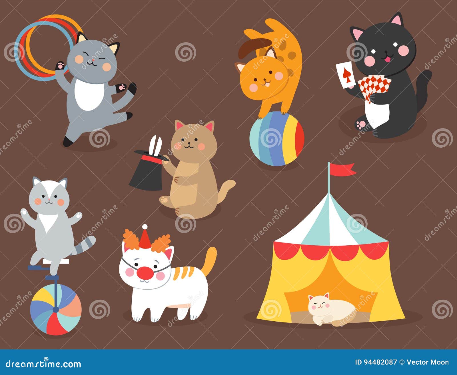 Circus Cats Vector Cheerful Illustration For Kids With Little Domestic ...