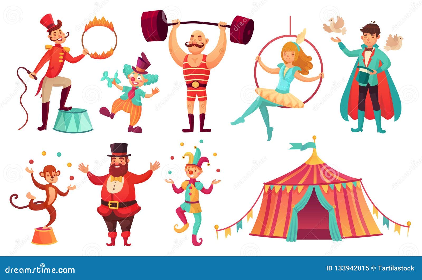 circus characters. juggling animals, juggler artist clown and strongman performer. cartoon   set