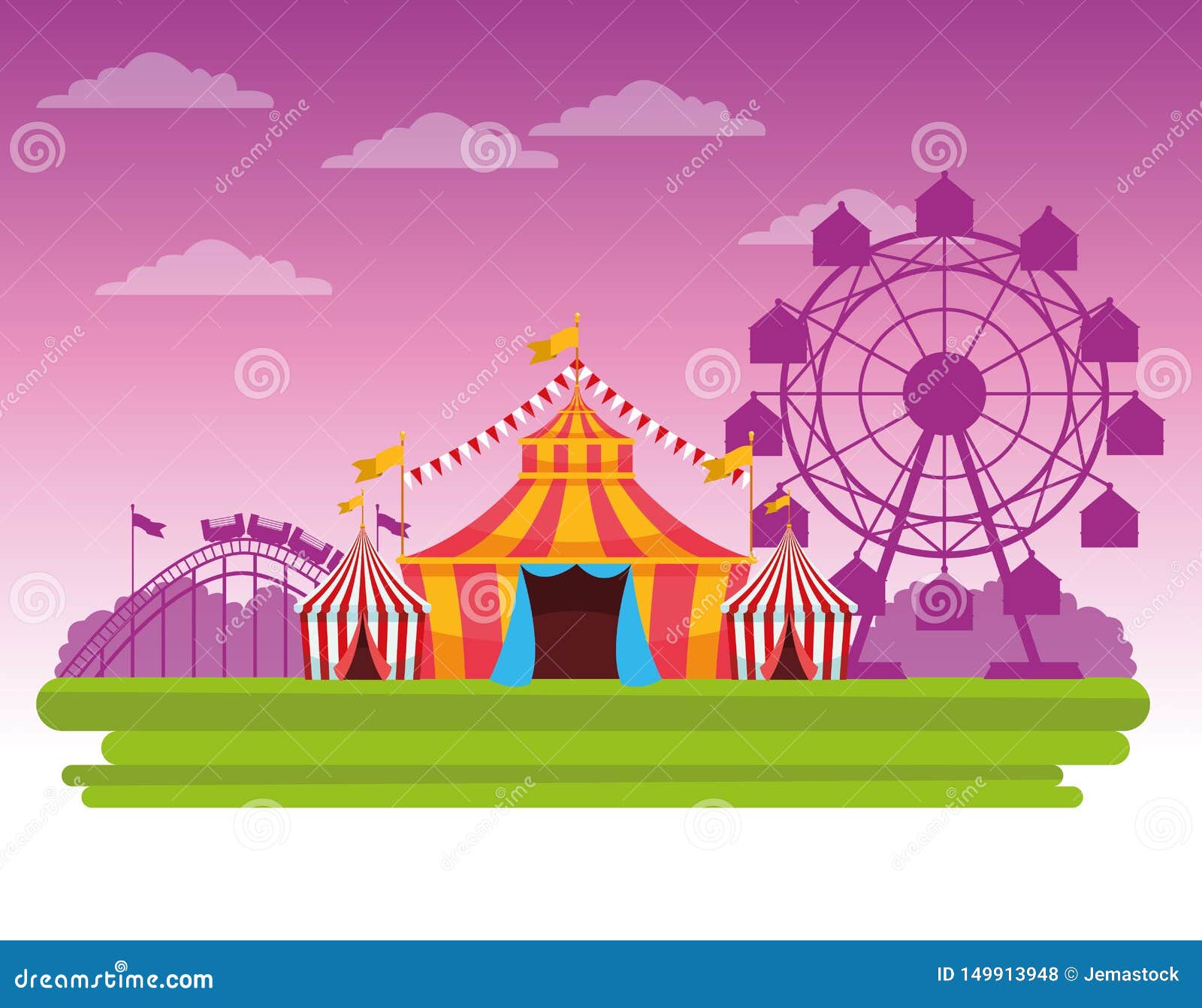 Circus fair festival scenery cartoon. Circus fair festival scenery with tents and big wheel cartoon vector illustration graphic design