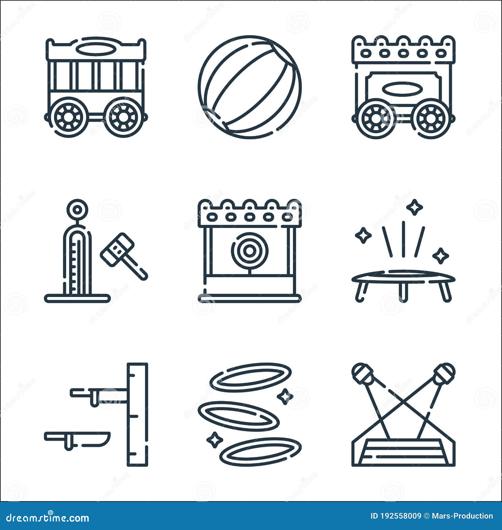 circus line icons. linear set. quality  line set such as spotlight, throwing, trampoline, game, strenght, wagon, circus