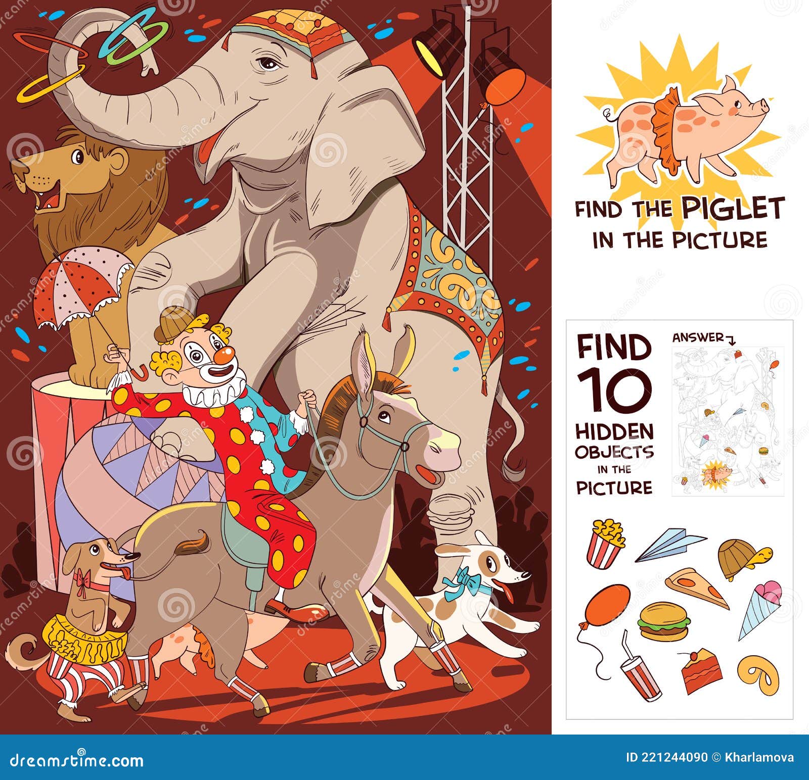 circus show with elephant, clown, dog, lion and donkey. find 10 hidden objects