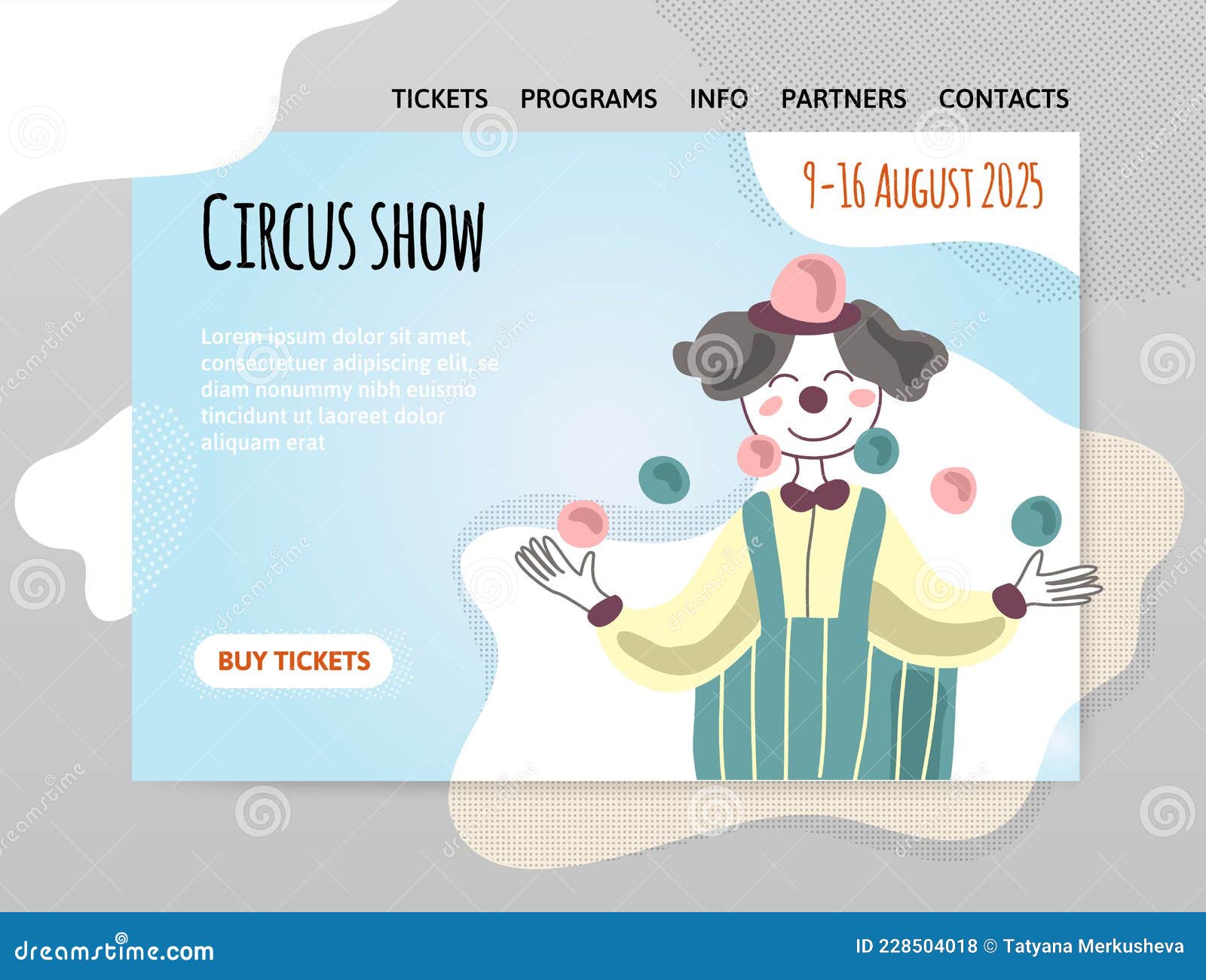 circus show, funny clown juggles balls.  ,  template of website header, banner or poster.