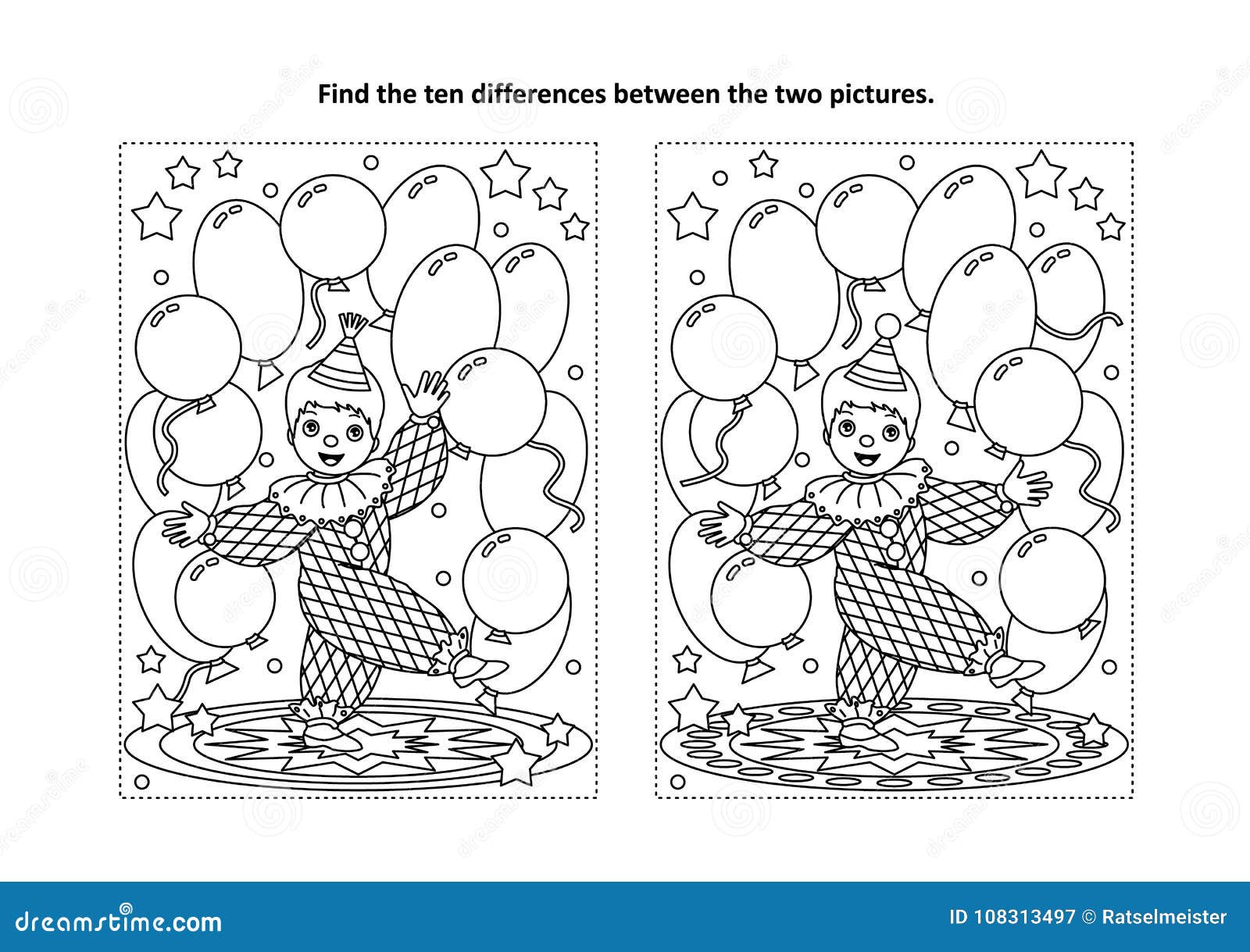 find the differences visual puzzle and coloring page with little clown