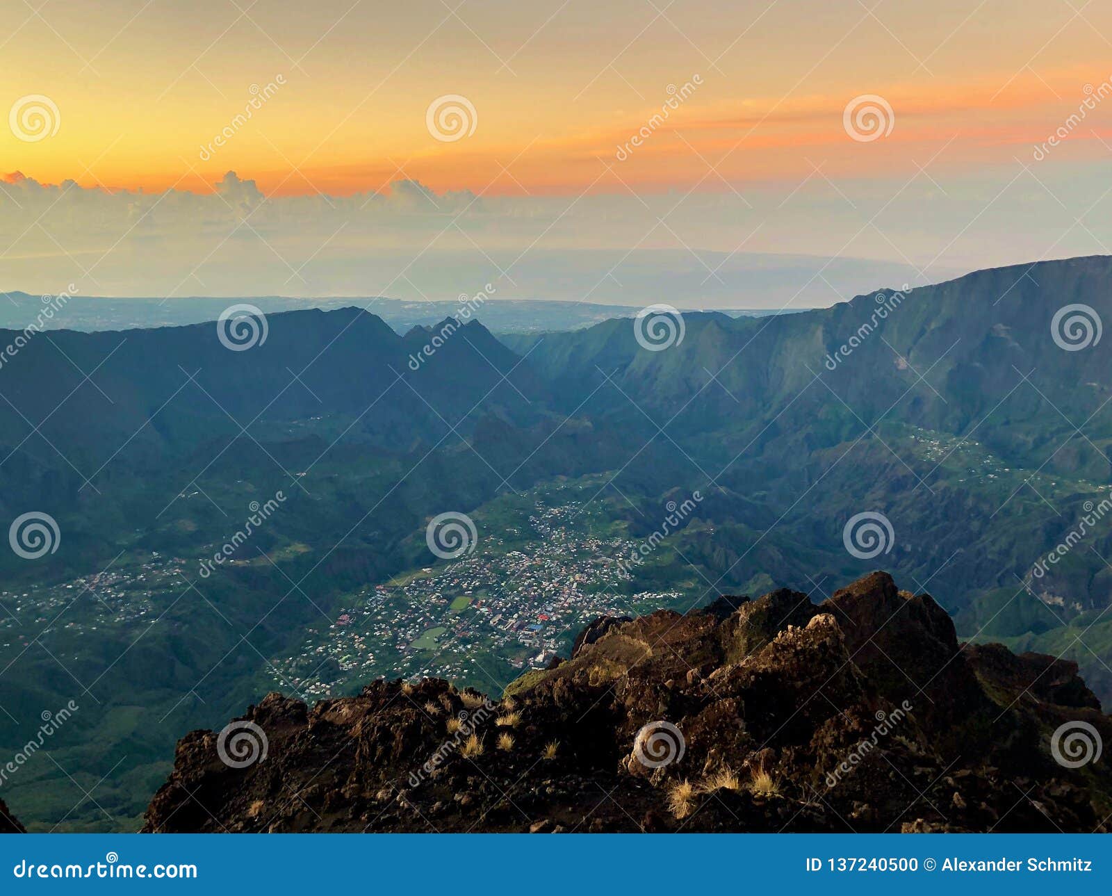 cirque de cilaos at sunset view from piton des neiges on la reunion island