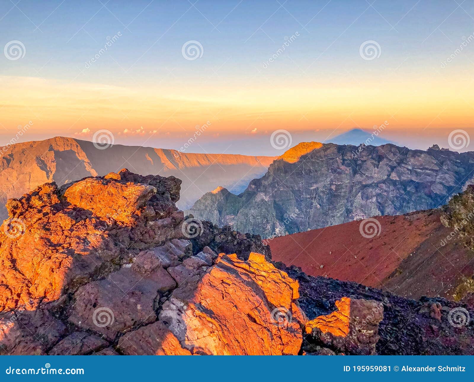 cirque de cilaos at sunset view from piton des neiges