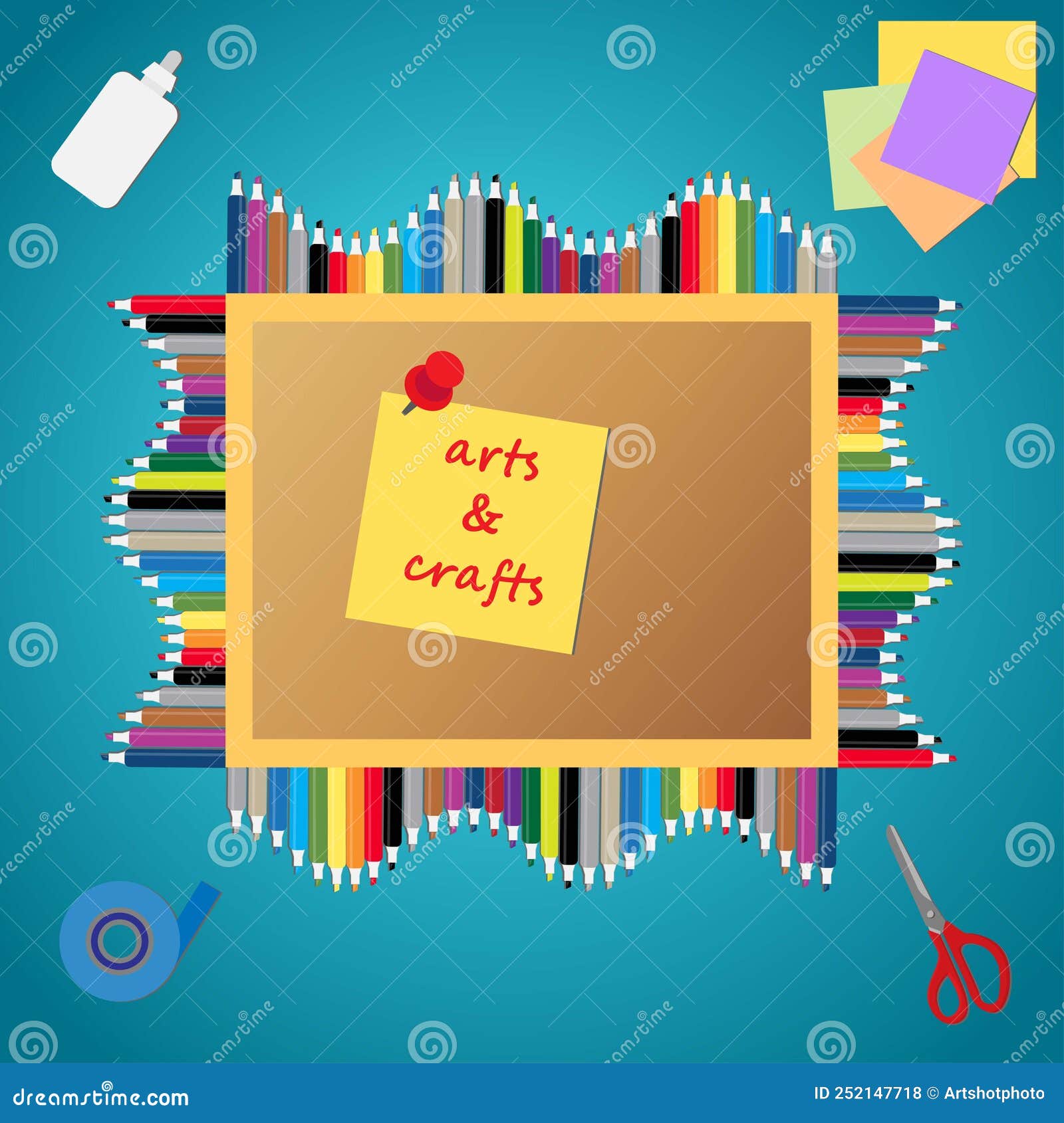 Ciseaux De Colle Crayons Scotch Notes Adhésives Et Tableau à Broches Avec  Le Texte Arts Et Artisanat Illustration Stock - Illustration du panneau,  concept: 252147718