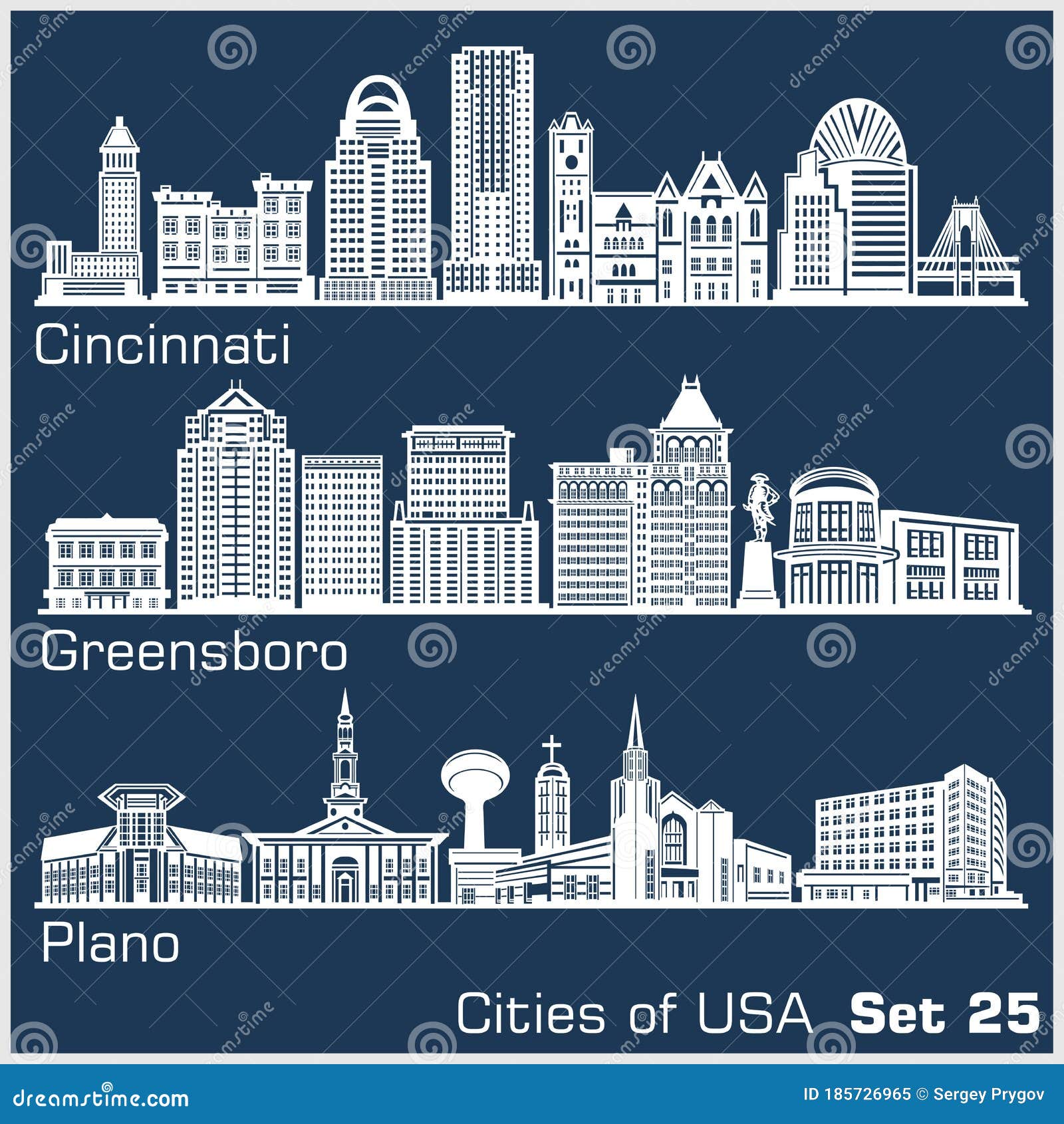 cities of usa - cincinnati, greensboro, plano. detailed architecture. trendy  .