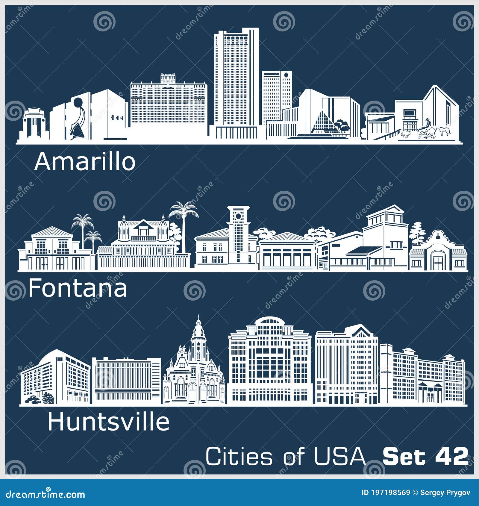 cities of usa - fontana, amarillo, huntsville. detailed architecture. trendy  .