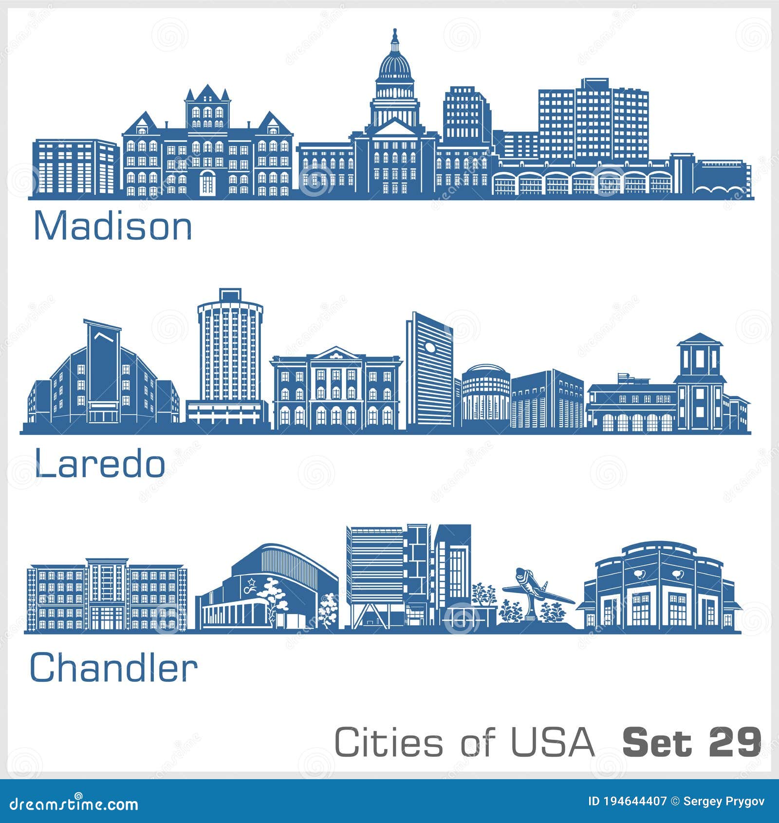 cities of usa - madison, laredo, chandler. detailed architecture. trendy  .