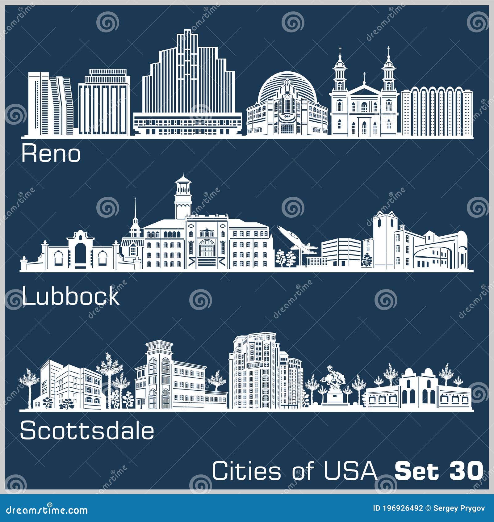 cities of usa - reno, lubbock, scottsdale. detailed architecture. trendy  .