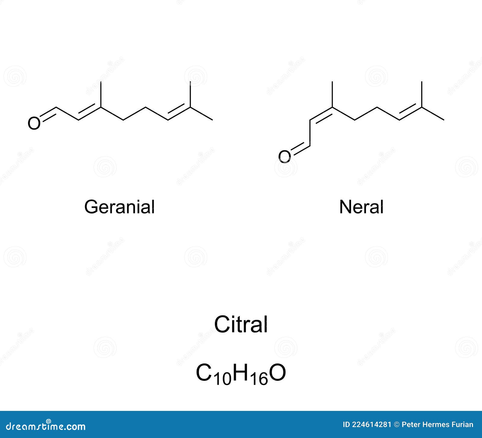 citral or lemonal, mixture of geranial and neral, chemical formulas