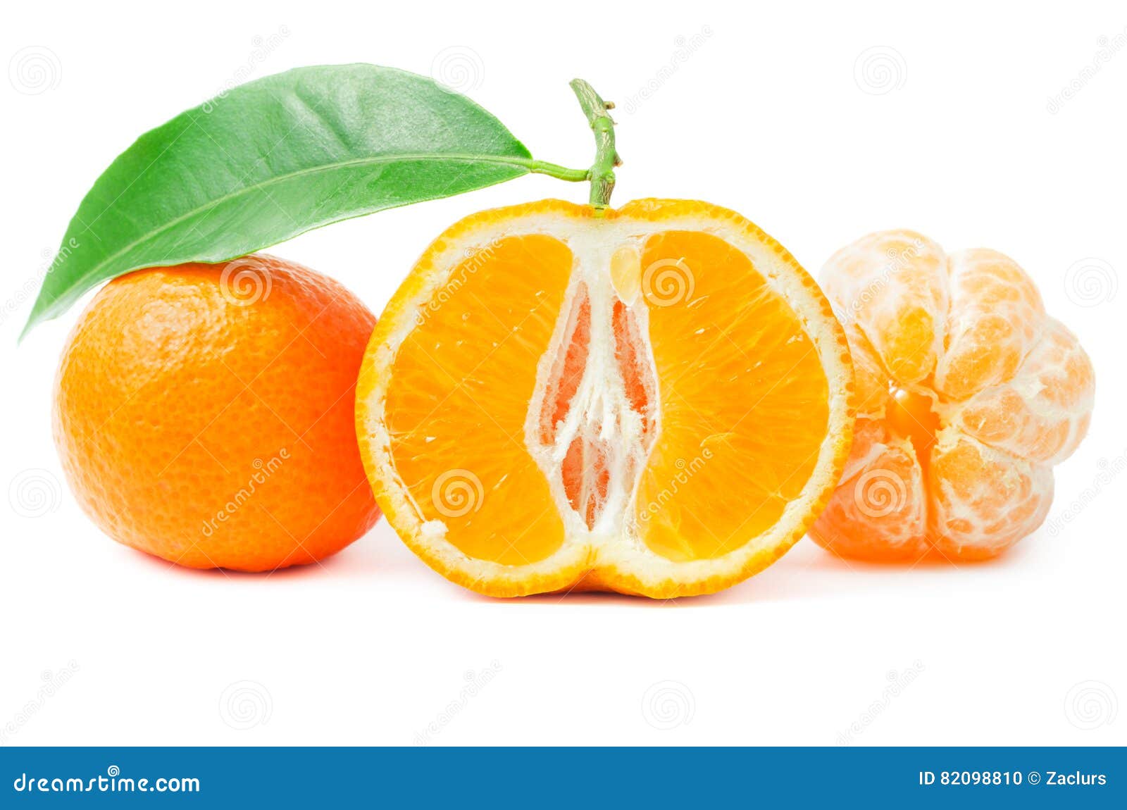 Citrus With Leaf Cut In Half Mandarin Peeled Tangerine Isolated Stock