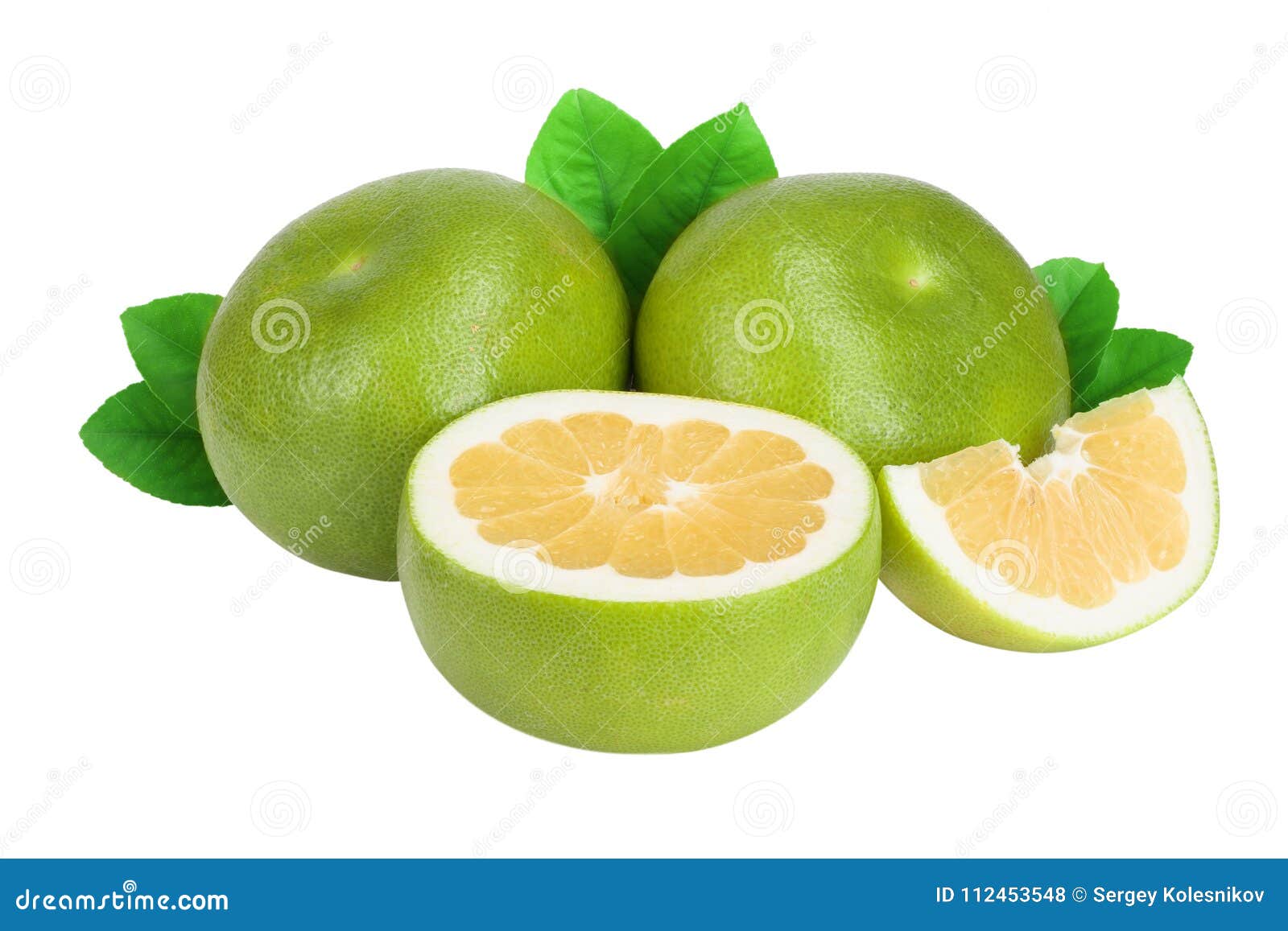 citrus sweetie or pomelit, oroblanco with slices and leaf  on white background close-up