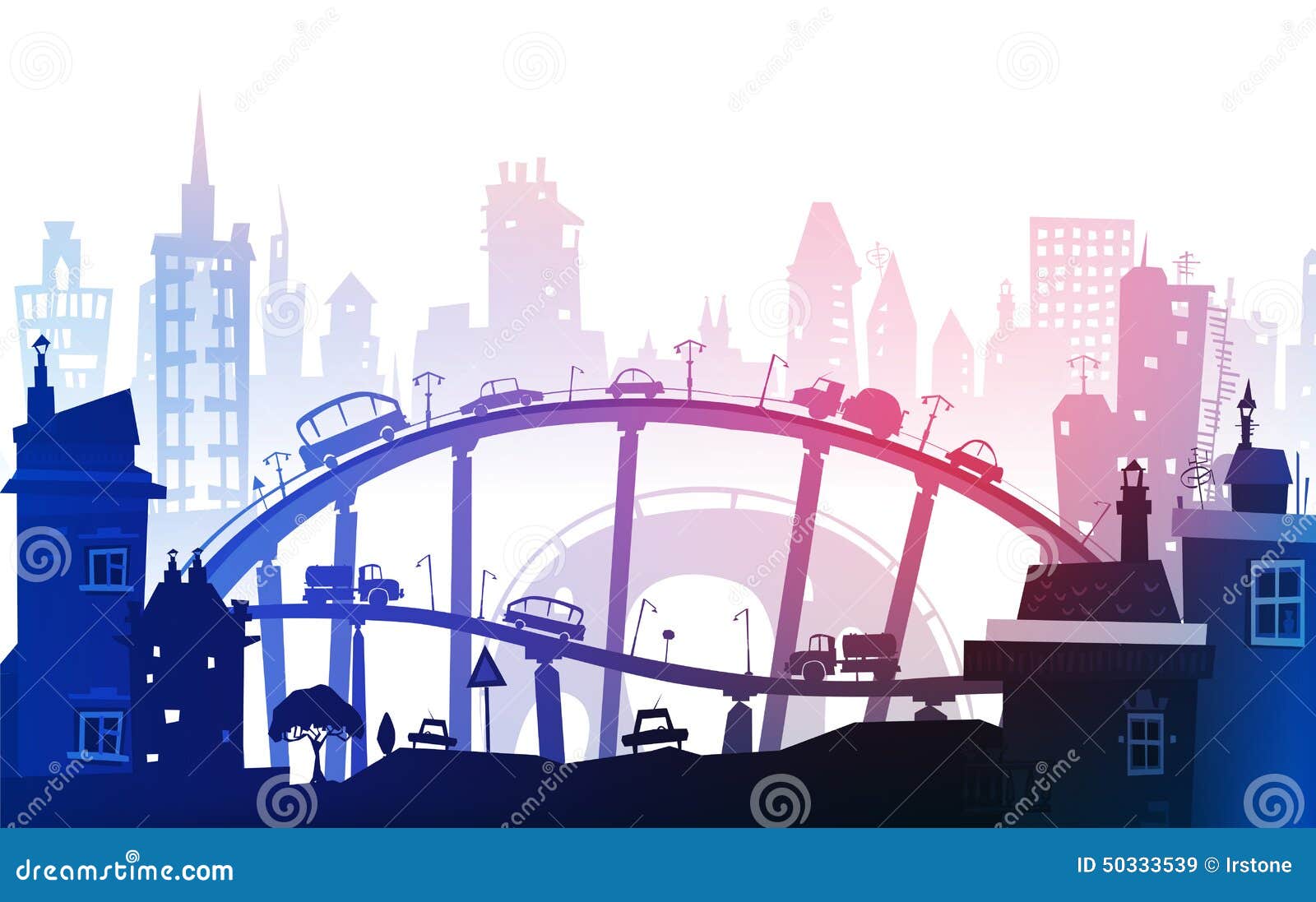 city background with roads, bridges and cars