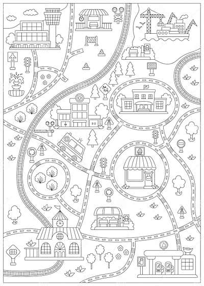 City Black and White Map with Roads and Railway. Line Empty Background ...