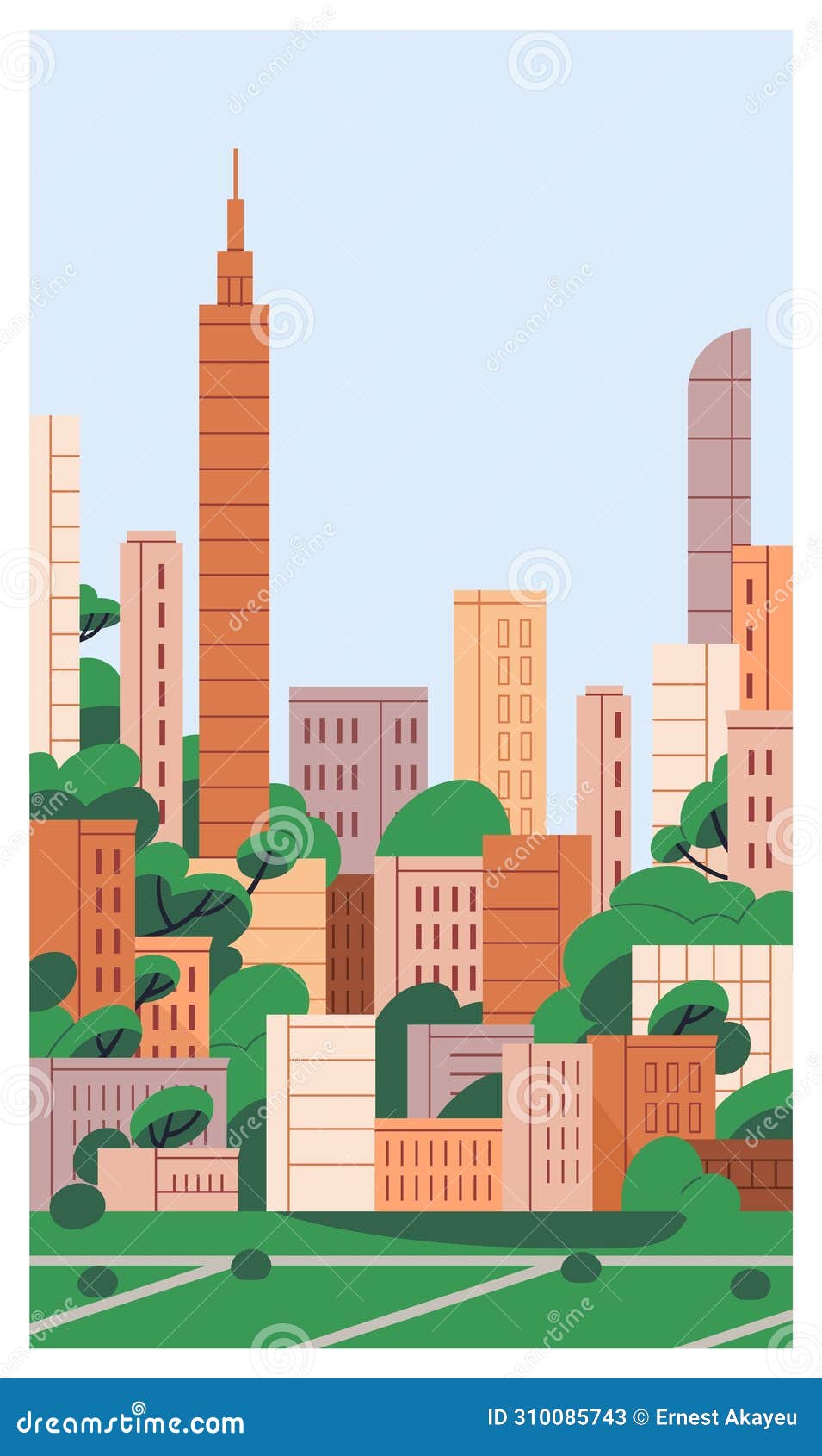 city buildings, urban poster. cityscape, metropolis card. skyscrapers, high multistorey buildings architecture and green