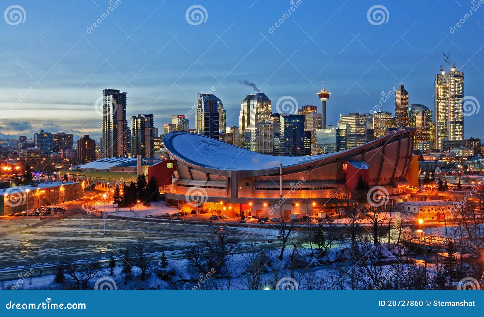 city of calgary skyline at night in the winter
