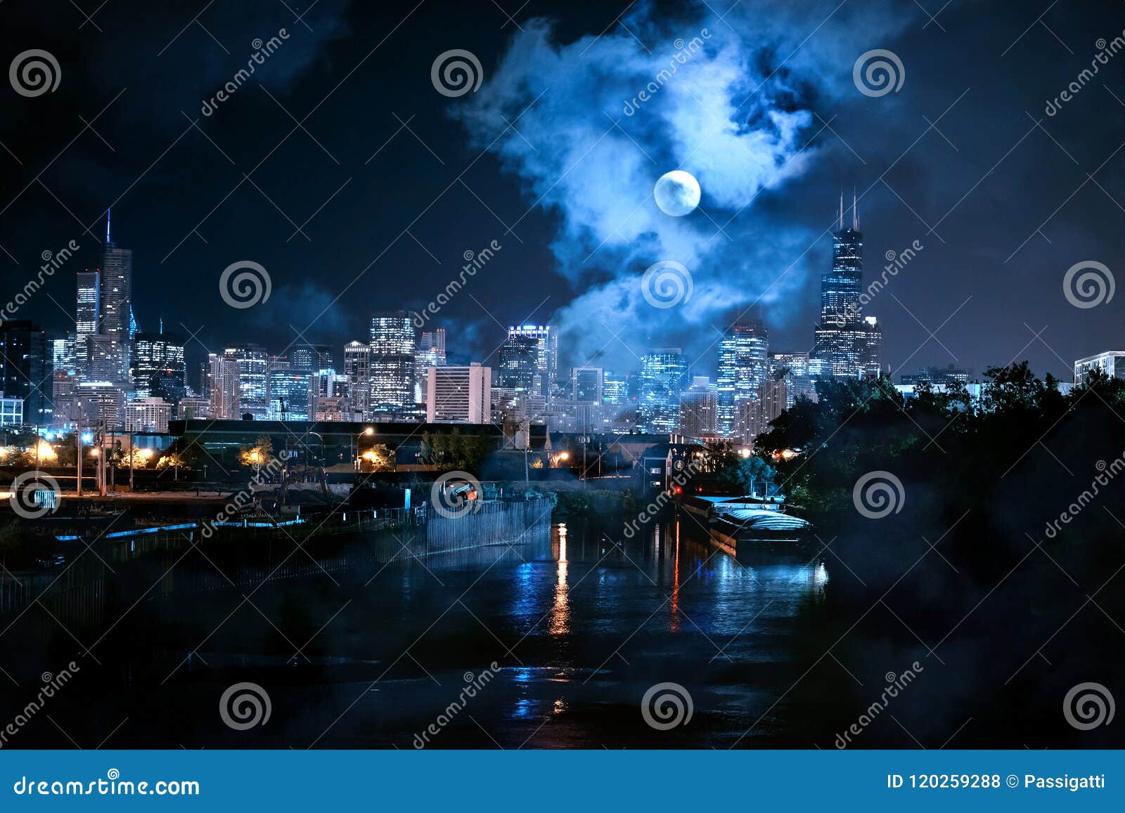 View of the City of Chicago skyline with the river and a full moon at night