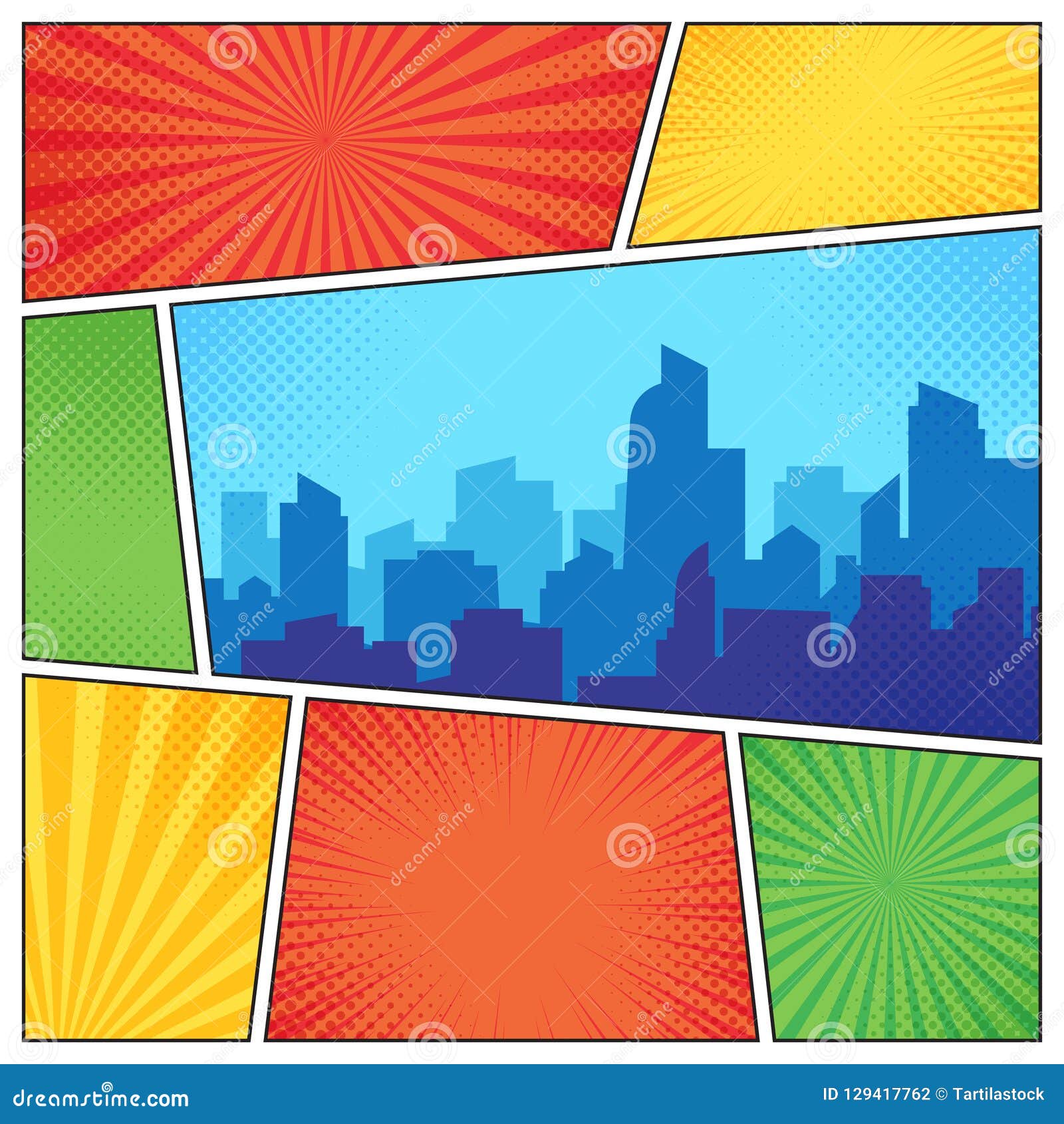City on Comic Page. Comics Book Frames Composition on Strip Halftone  Background. Cartoon Books Vector Template Layout Stock Vector -  Illustration of card, city: 129417762