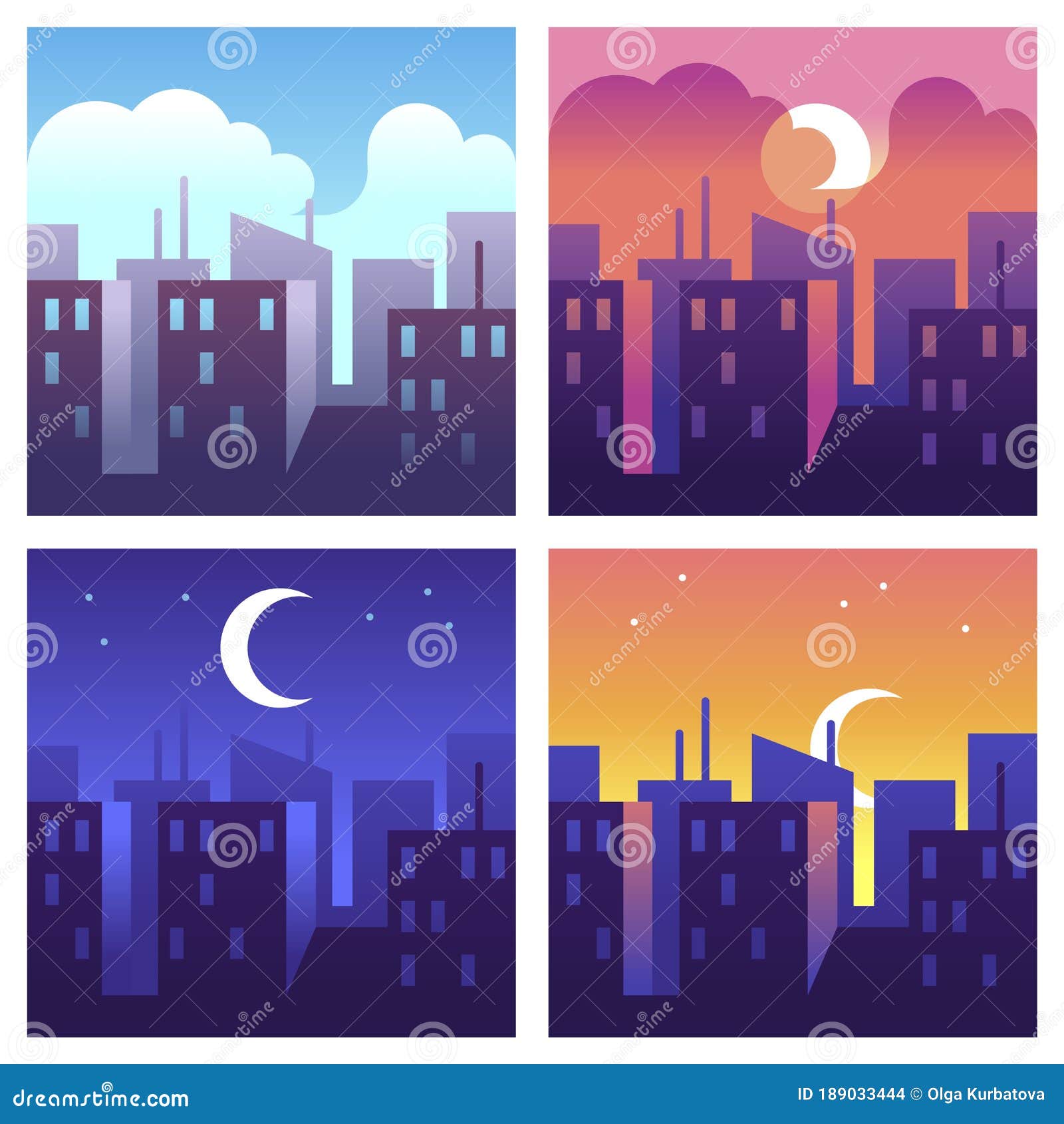 City Day Times. Morning and Noon, Evening and Night Cityscape, Buildings  and Skyscrapers at Different Time, Urban Stock Vector - Illustration of  night, collection: 189033444