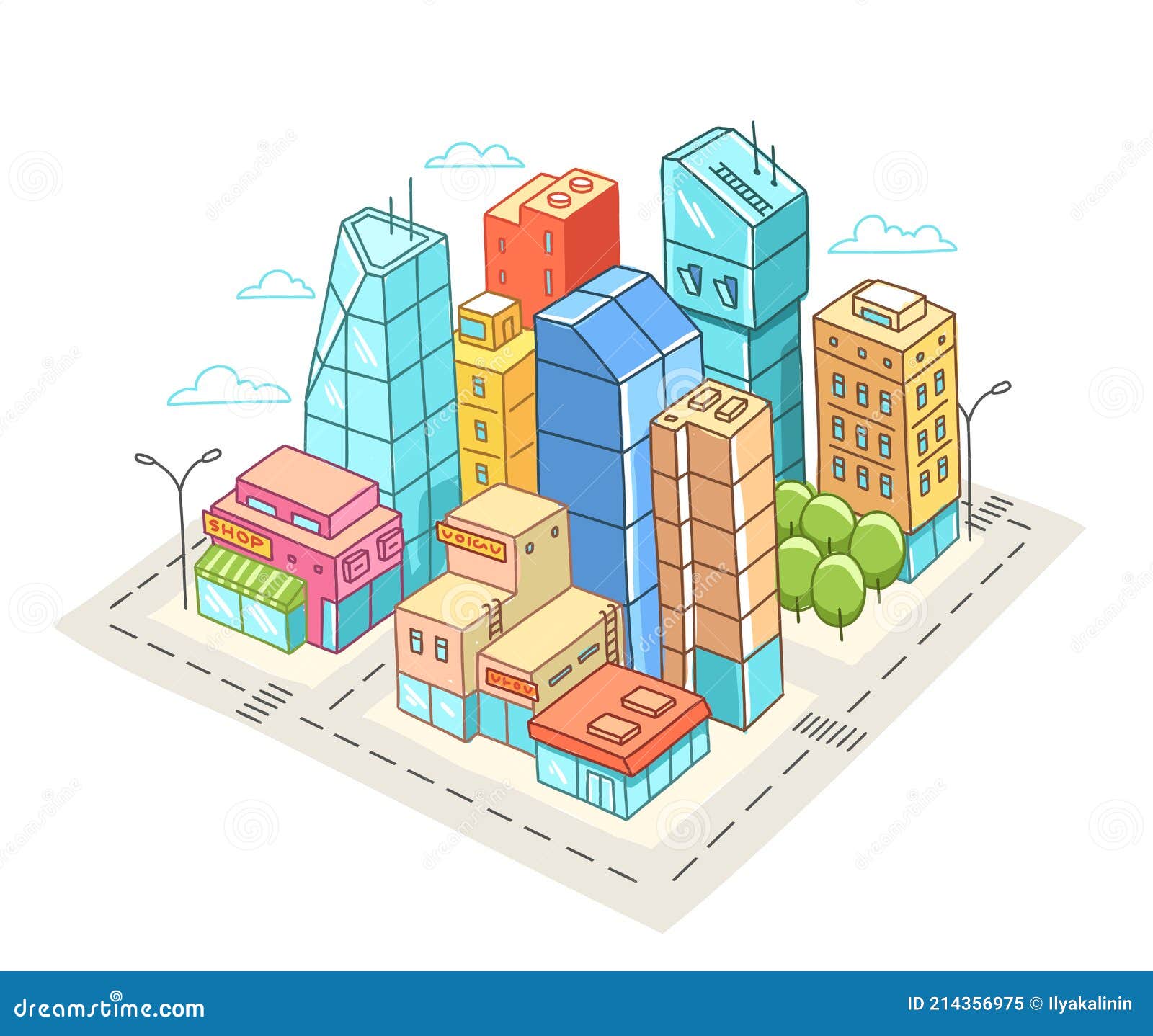 city district square. locality area. bright color colorful sketch. hand drawn flat  line. volumetric isometric