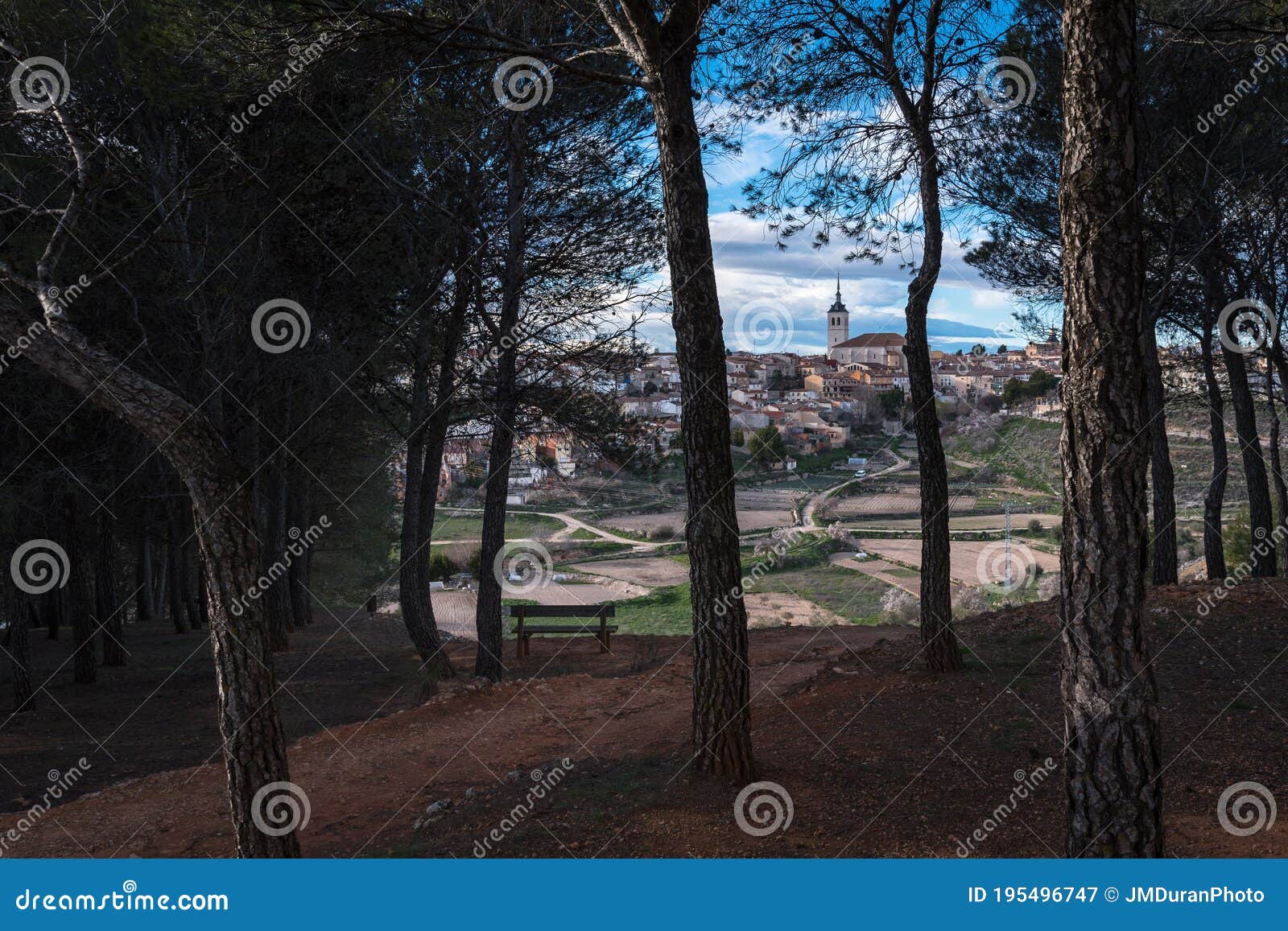 city landscape of colmenar de oreka among the pines under a blue sky, colmenar de oreja, spain