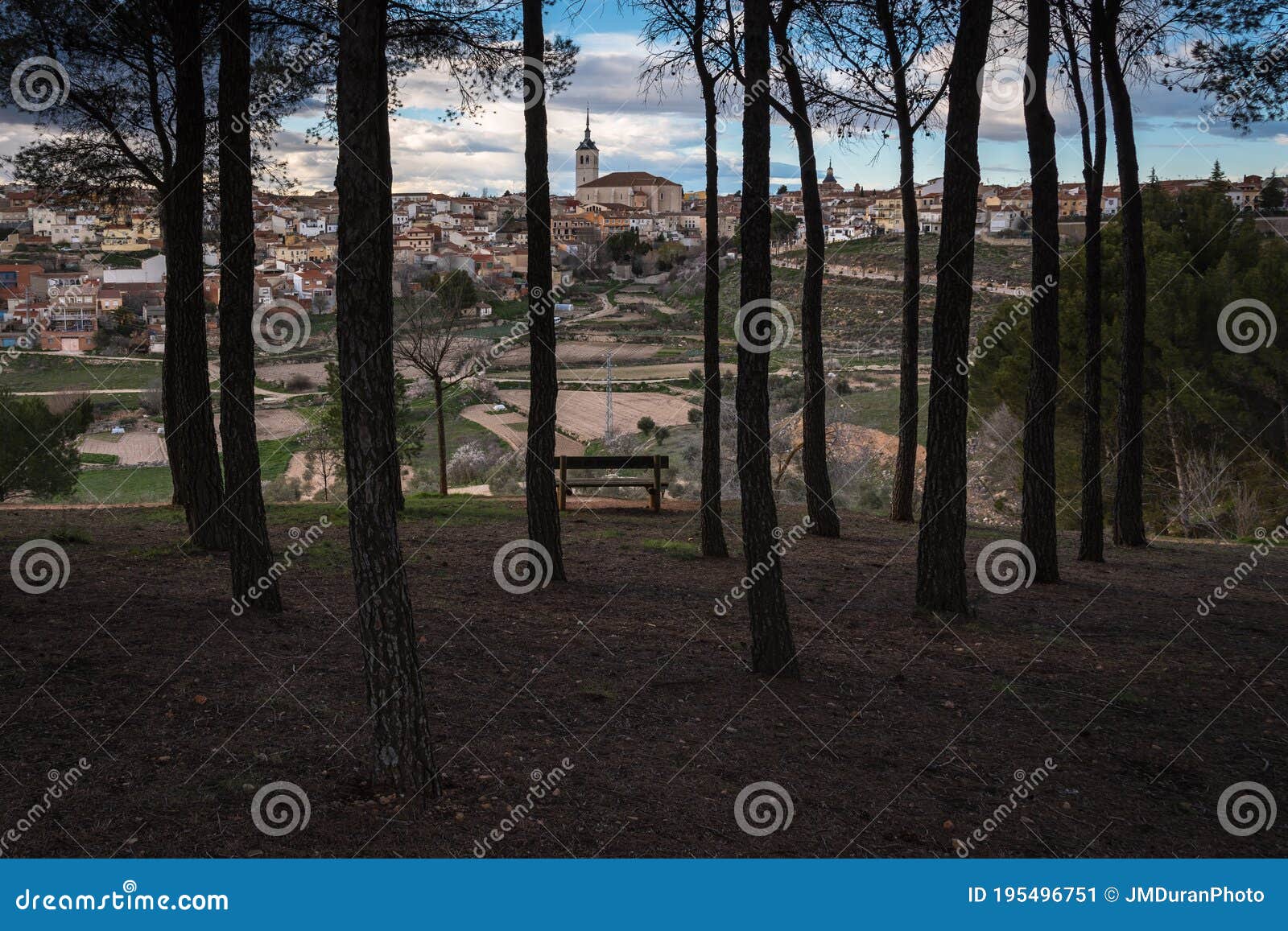 city landscape of colmenar de oreka among the pines under a blue sky, colmenar de oreja, spain