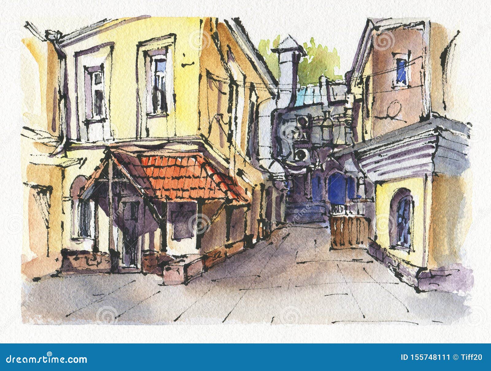 City Landscape. Sketch Ink And Watercolor Stock Illustration - Illustration Of Artist, Artistic: 155748111
