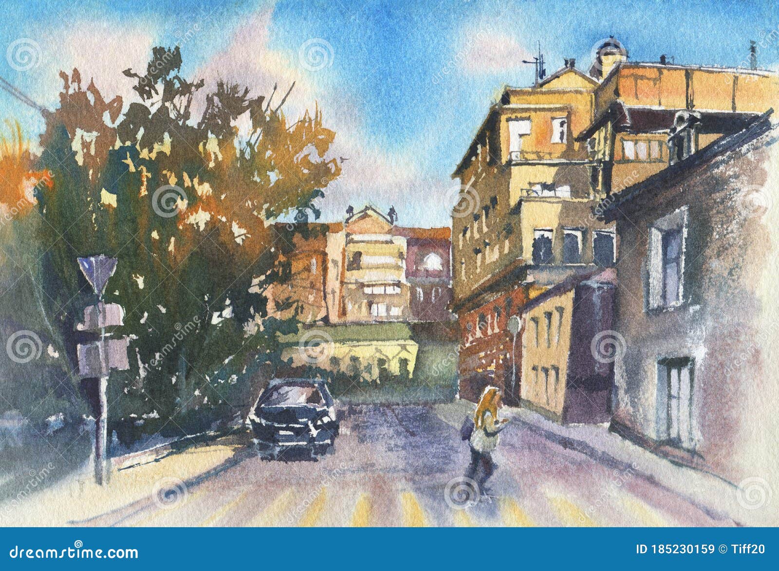 City Landscape. a Sketch with Watercolor Stock Illustration ...