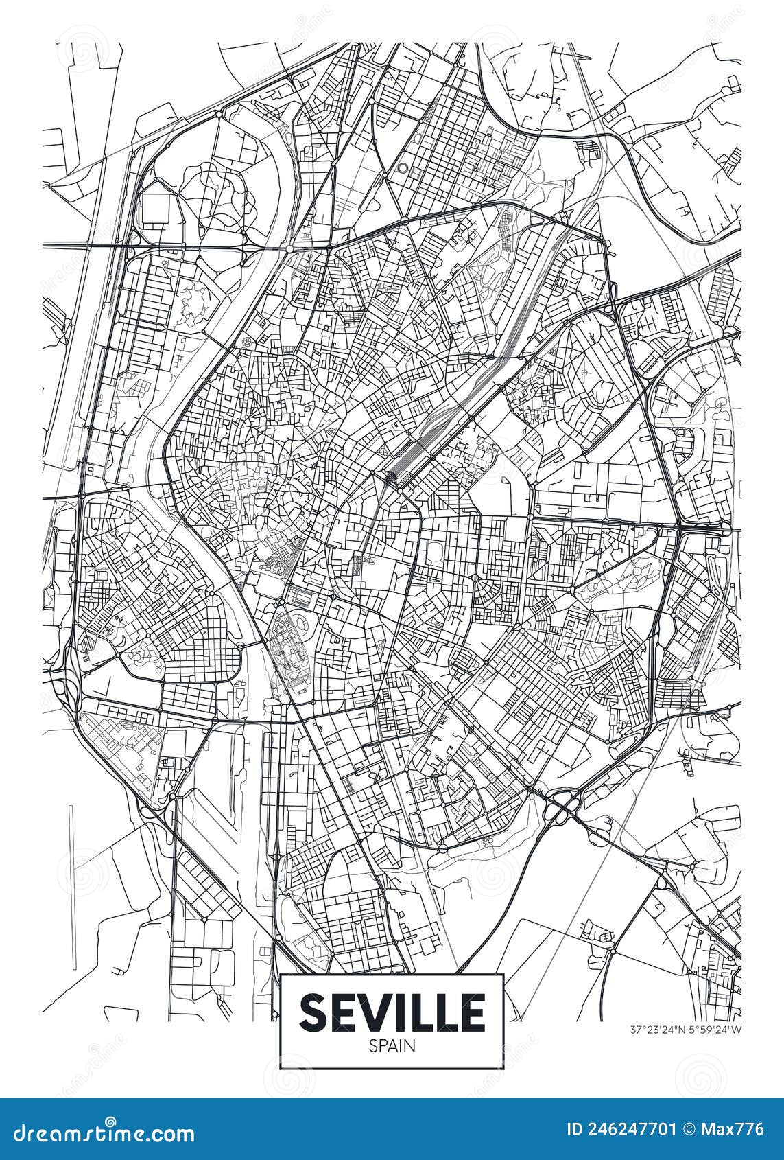 Seville Map Detailed Map Of Seville City Poster With Streets Dark