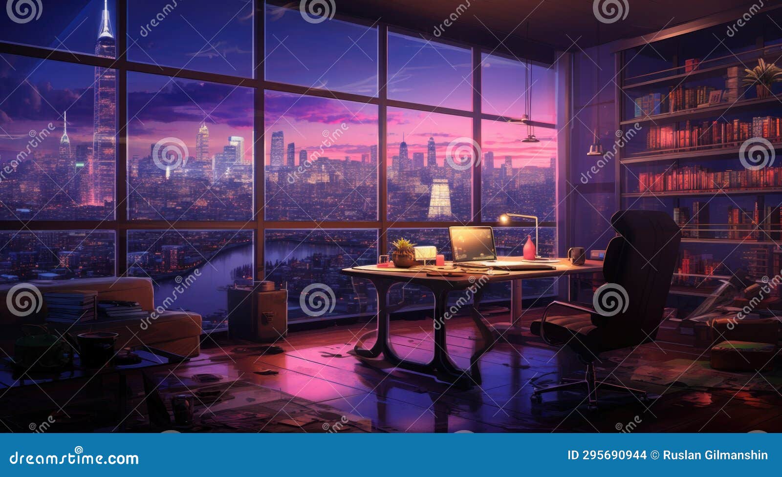 City Modern Office, Large Floor To Ceiling Windows in Front of the City
