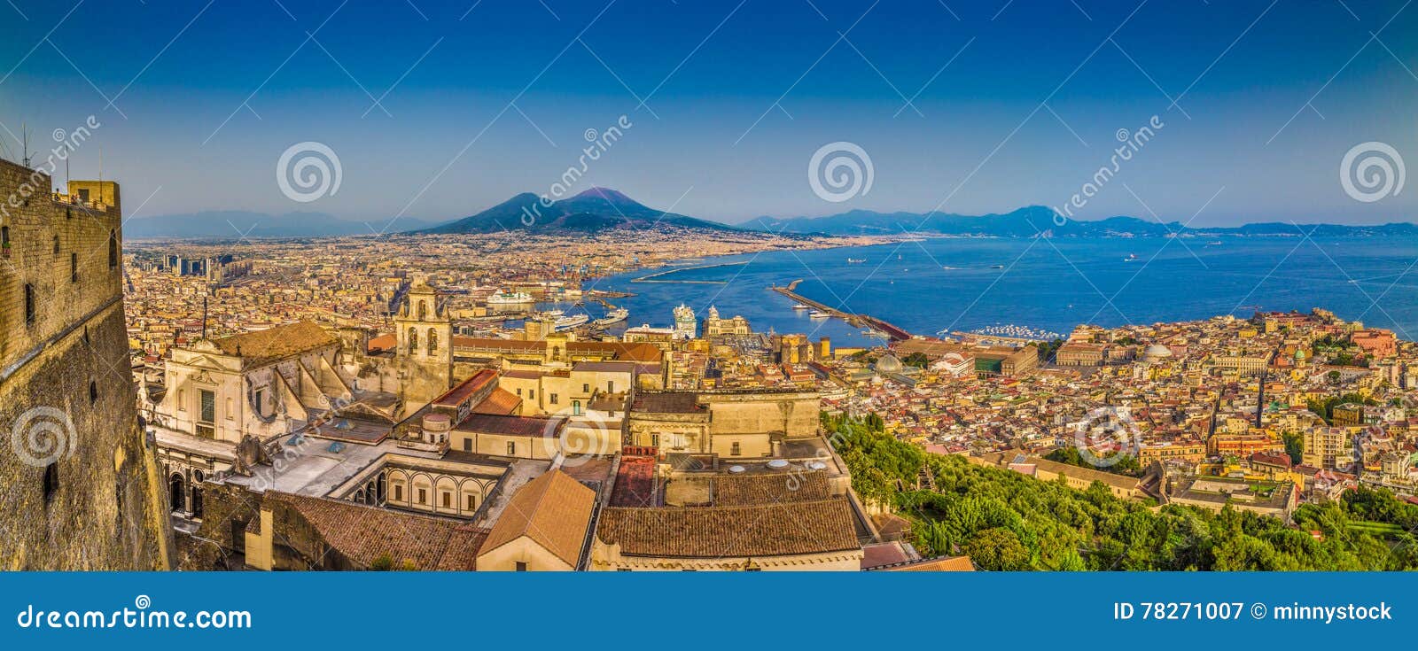city of naples with mt. vesuvius at sunset, campania, italy
