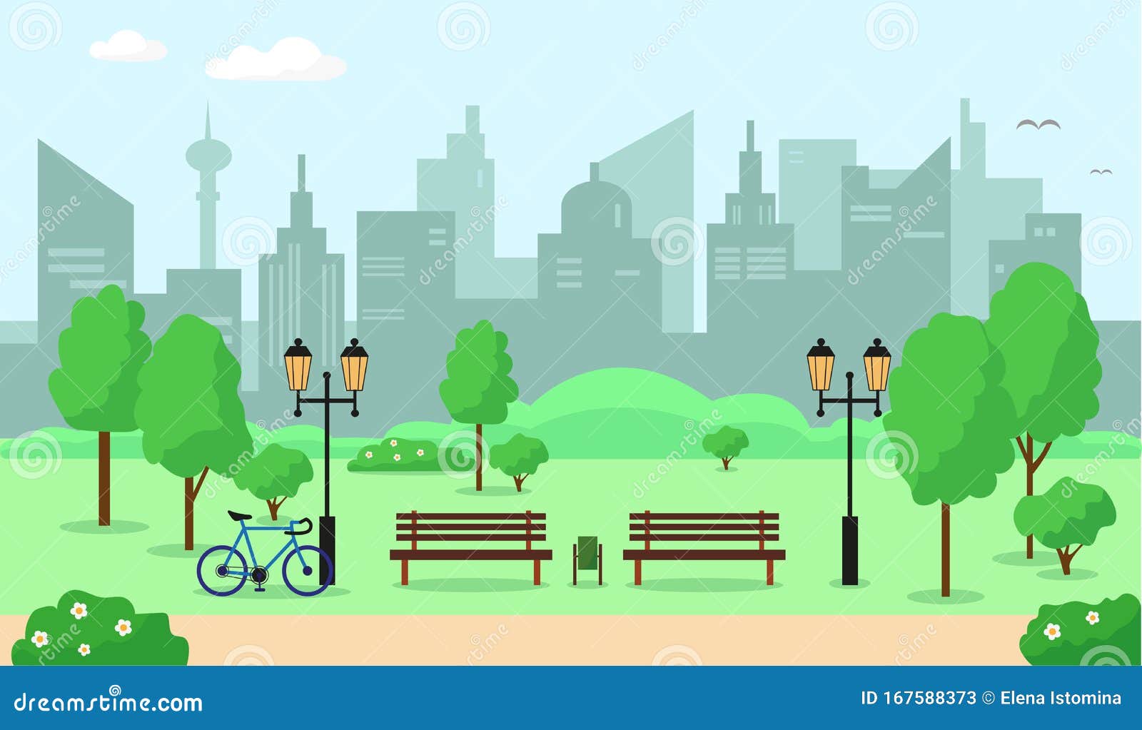 City Parc with Trees, Bench and Buildings. Stock Vector - Illustration ...