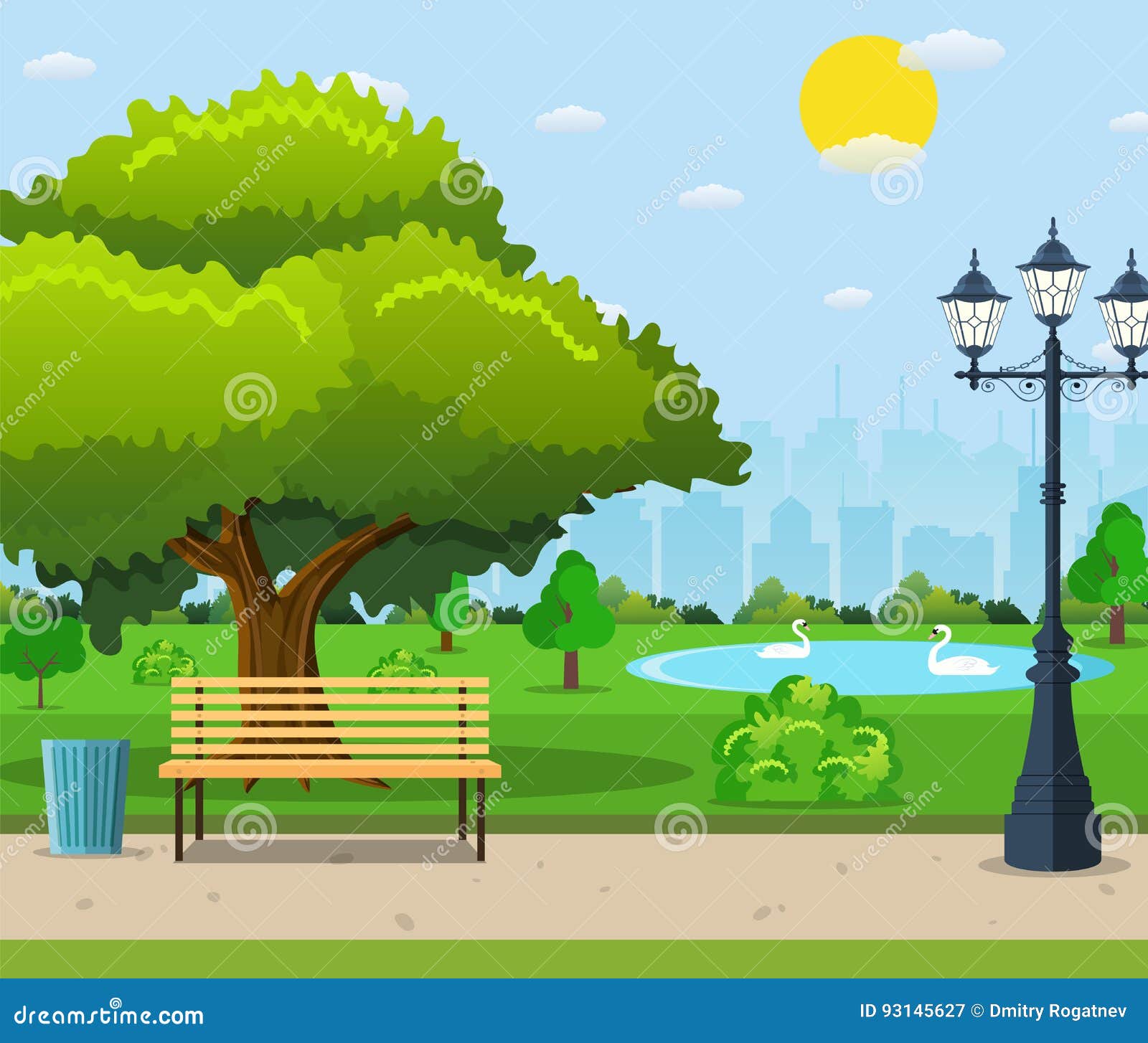 City Park Bench Under a Big Green Tree Stock Vector - Illustration of ...