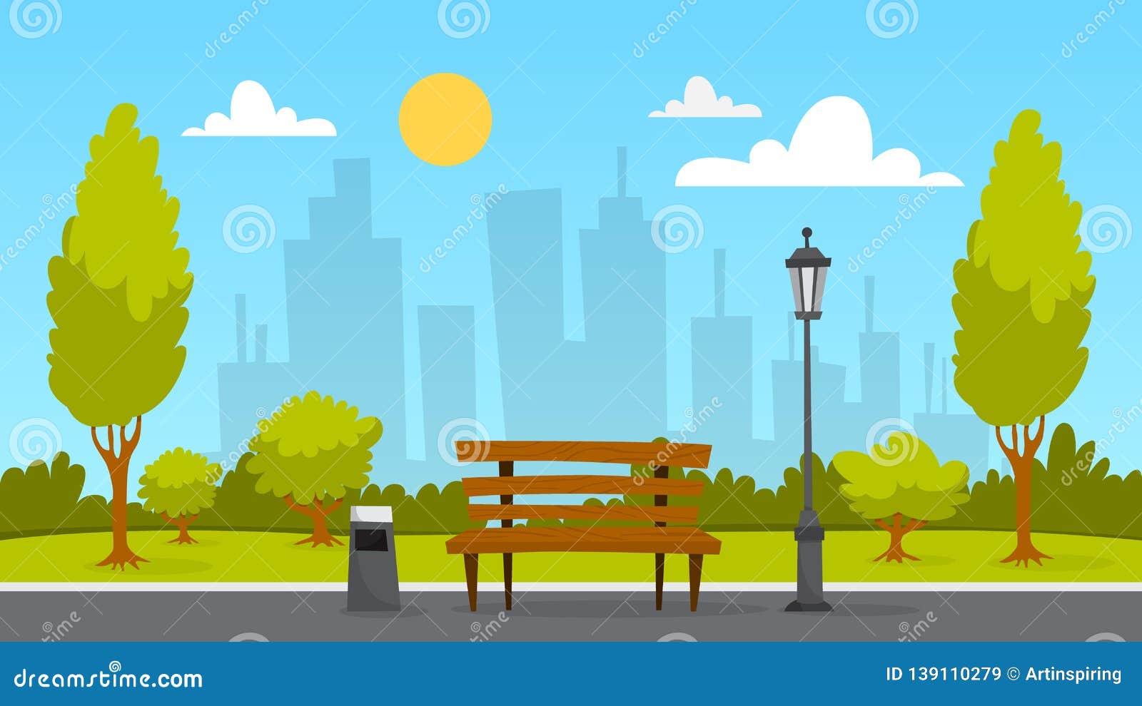 City Park Landscape. Green Grass, Bench and Trees Stock Vector ...