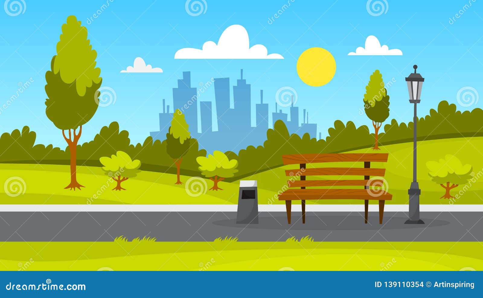 City Park Landscape. Green Grass, Bench and Trees Stock Vector ...