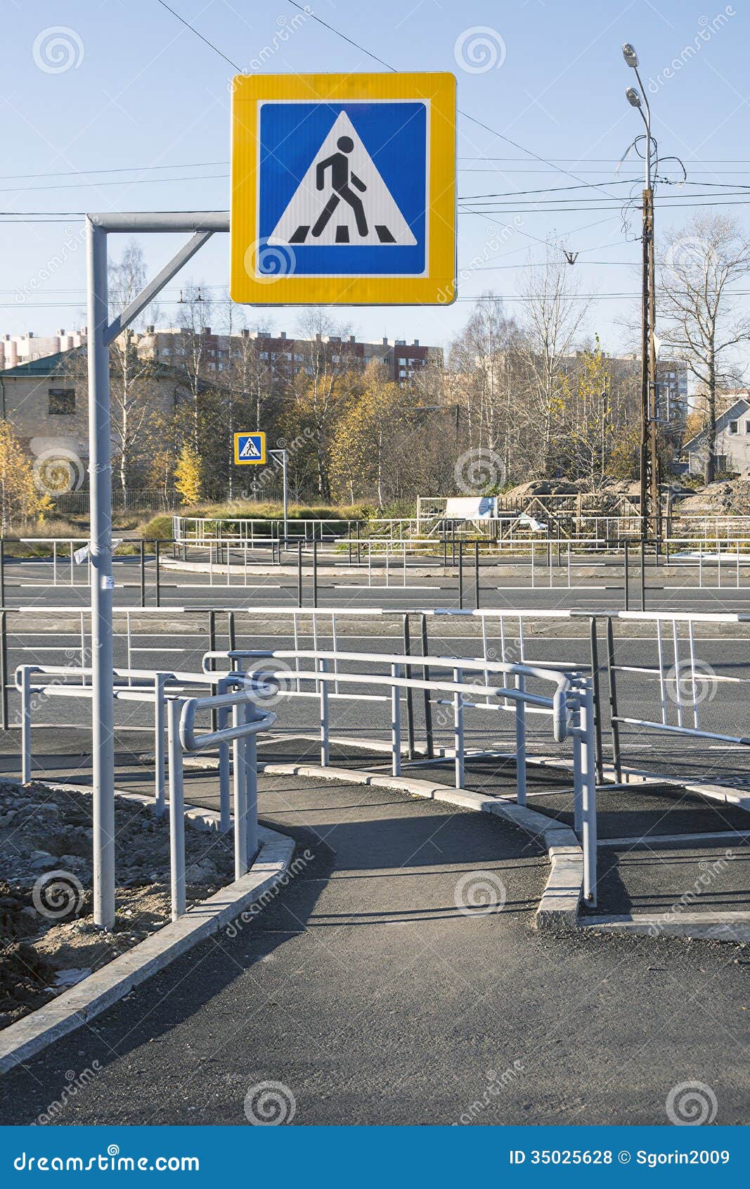 City Pedestrian Footpath and Crosswalk Stock Photo - Image of fencing ...