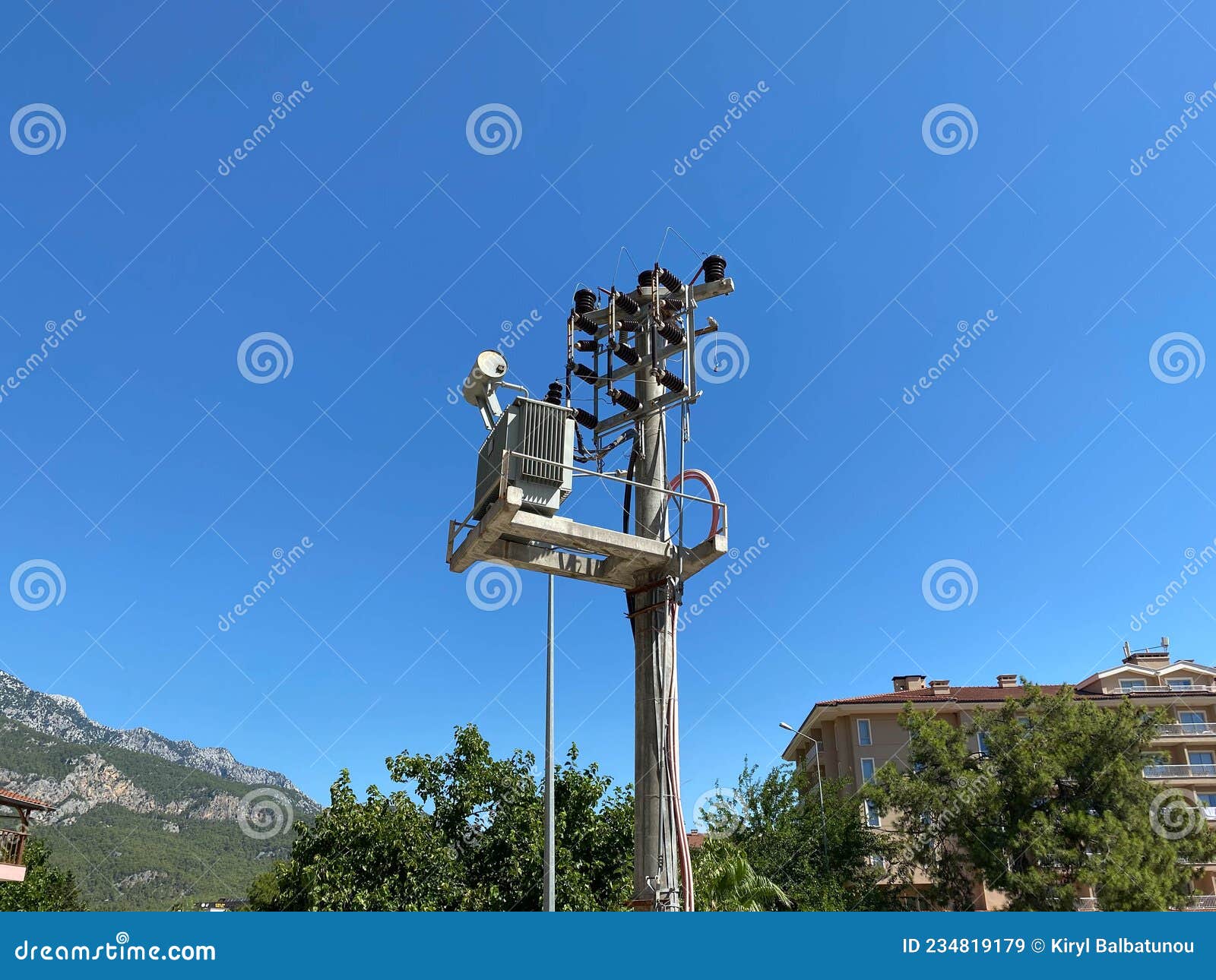 City, Power Transformer Against Blue Sky Stock Image Image of cable