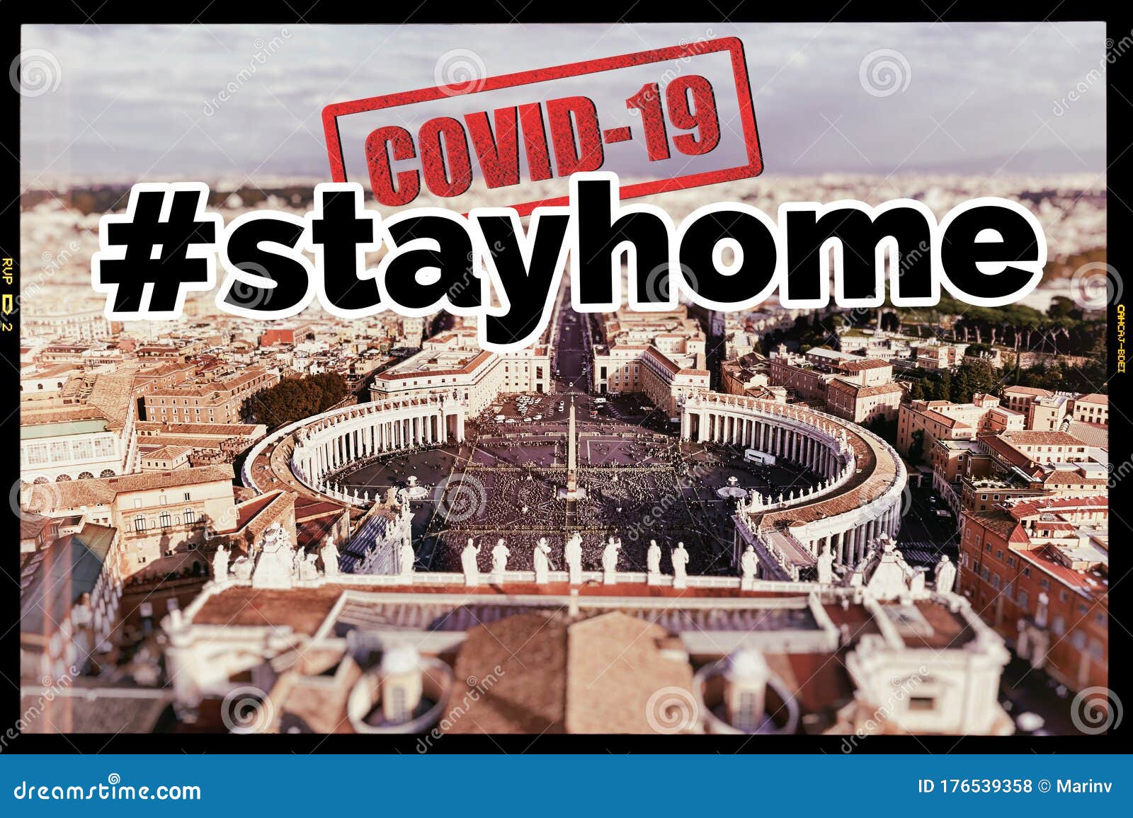 city of rome and st. peter`s square with sign  stayhome regarding covid-19 pandemic.