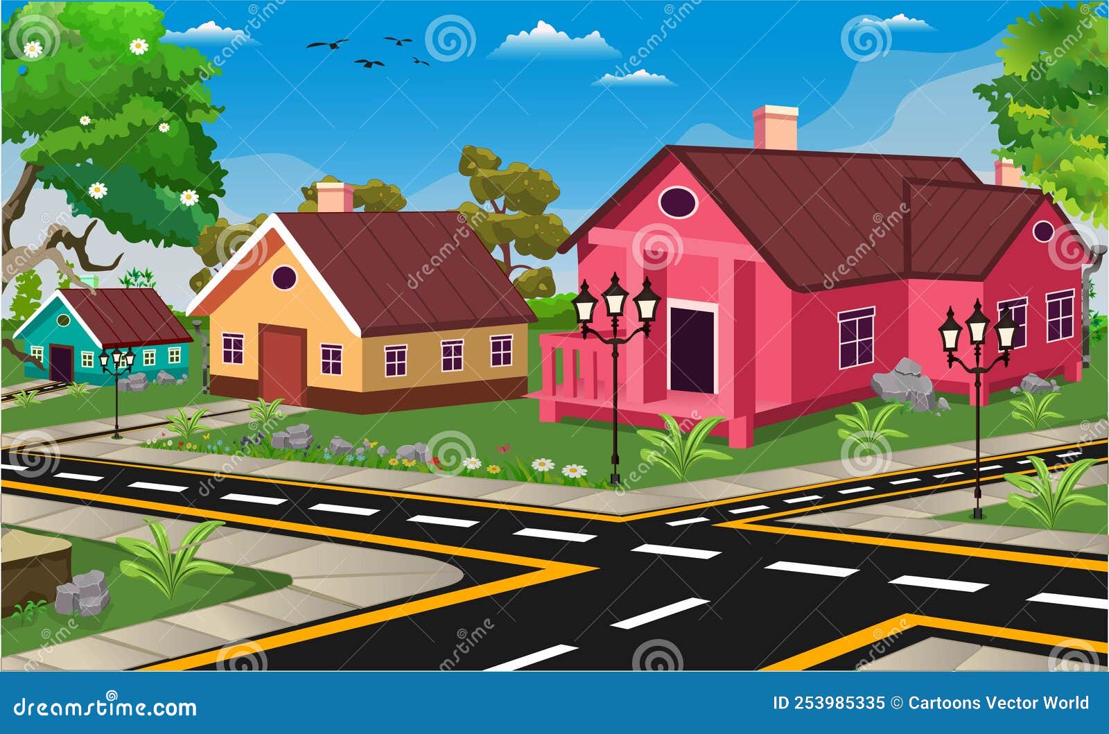 Town Cartoon Background Illustration with Road, Houses, Trees. Street Light  and Narrow Road. Stock Vector - Illustration of agriculture, building:  253985335