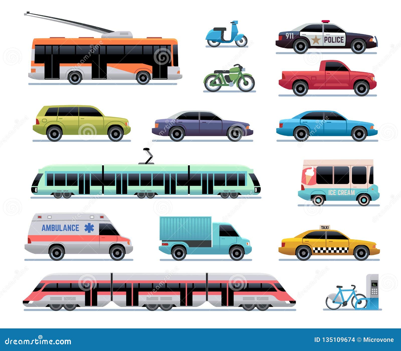 City Transport. Cartoon Car, Bus and Truck, Tram. Train, Trolleybus and  Scooter Stock Vector - Illustration of public, background: 135109674