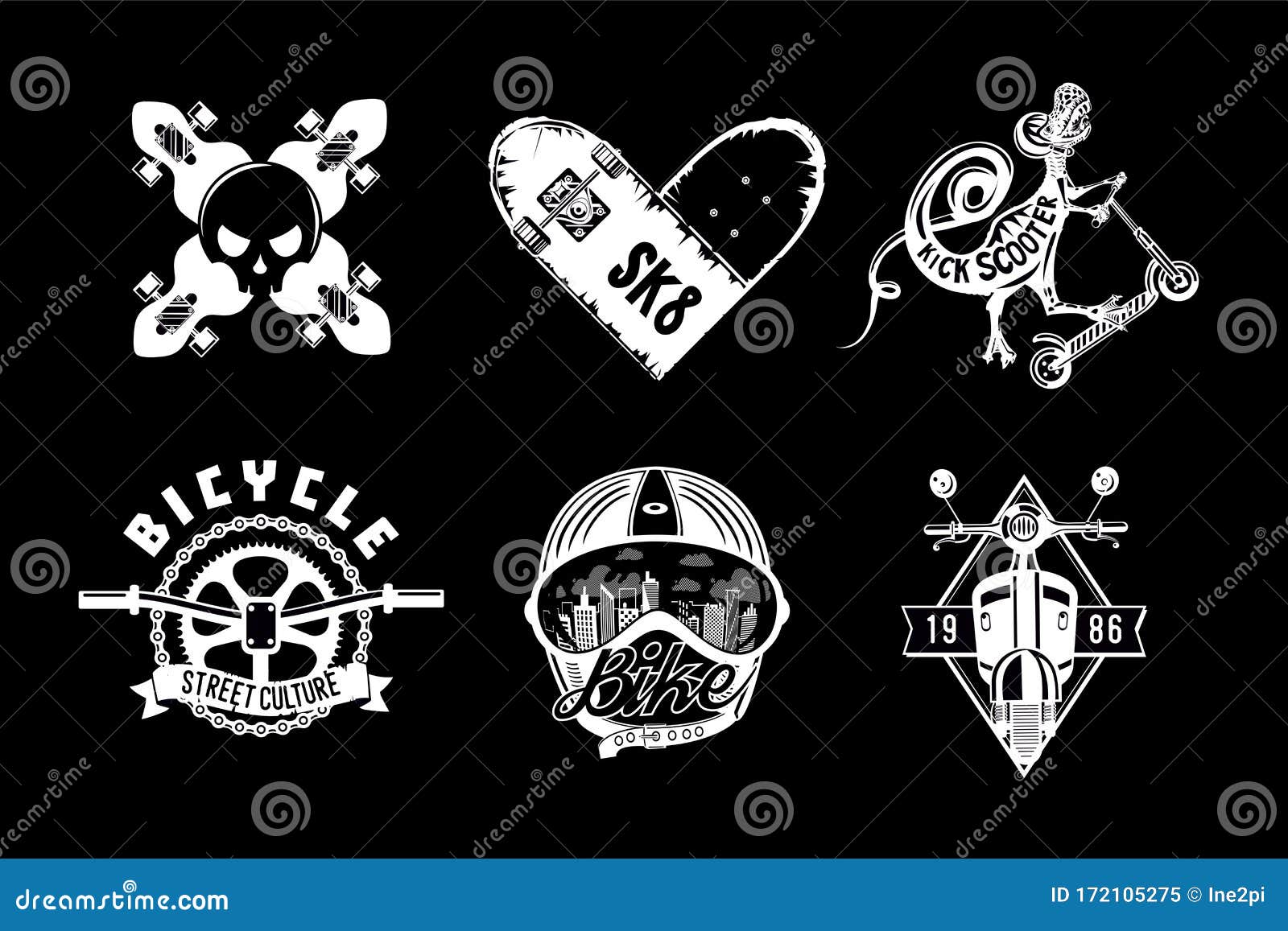 city transport vintage icon set. retro style  emblem pack. skateboard, bike and scooter. black and white labels.